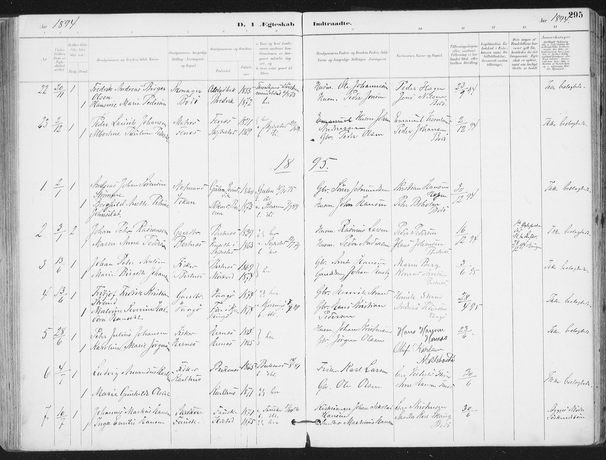 Ministerialprotokoller, klokkerbøker og fødselsregistre - Nordland, AV/SAT-A-1459/802/L0055: Parish register (official) no. 802A02, 1894-1915, p. 295