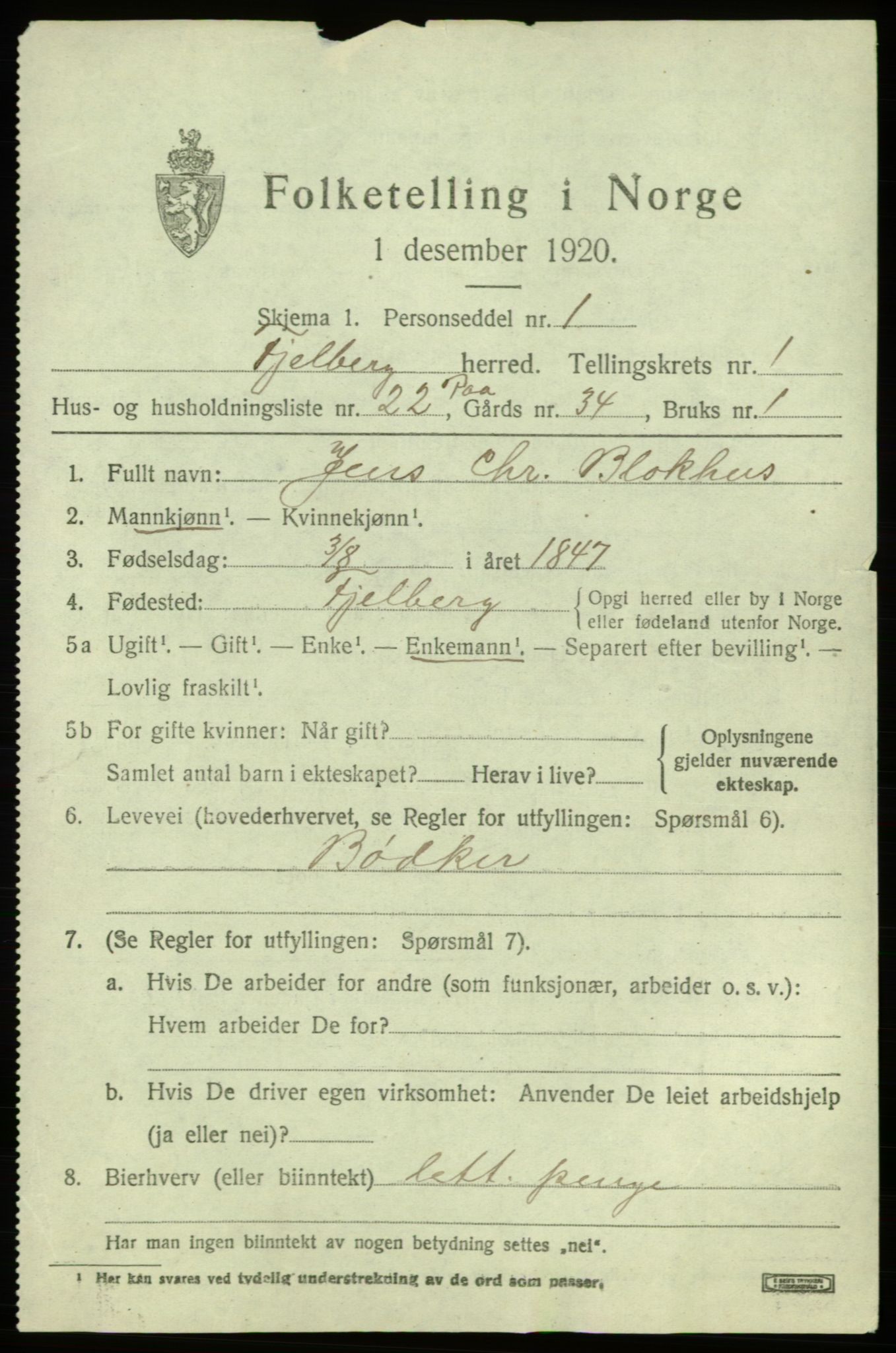 SAB, 1920 census for Fjelberg, 1920, p. 891