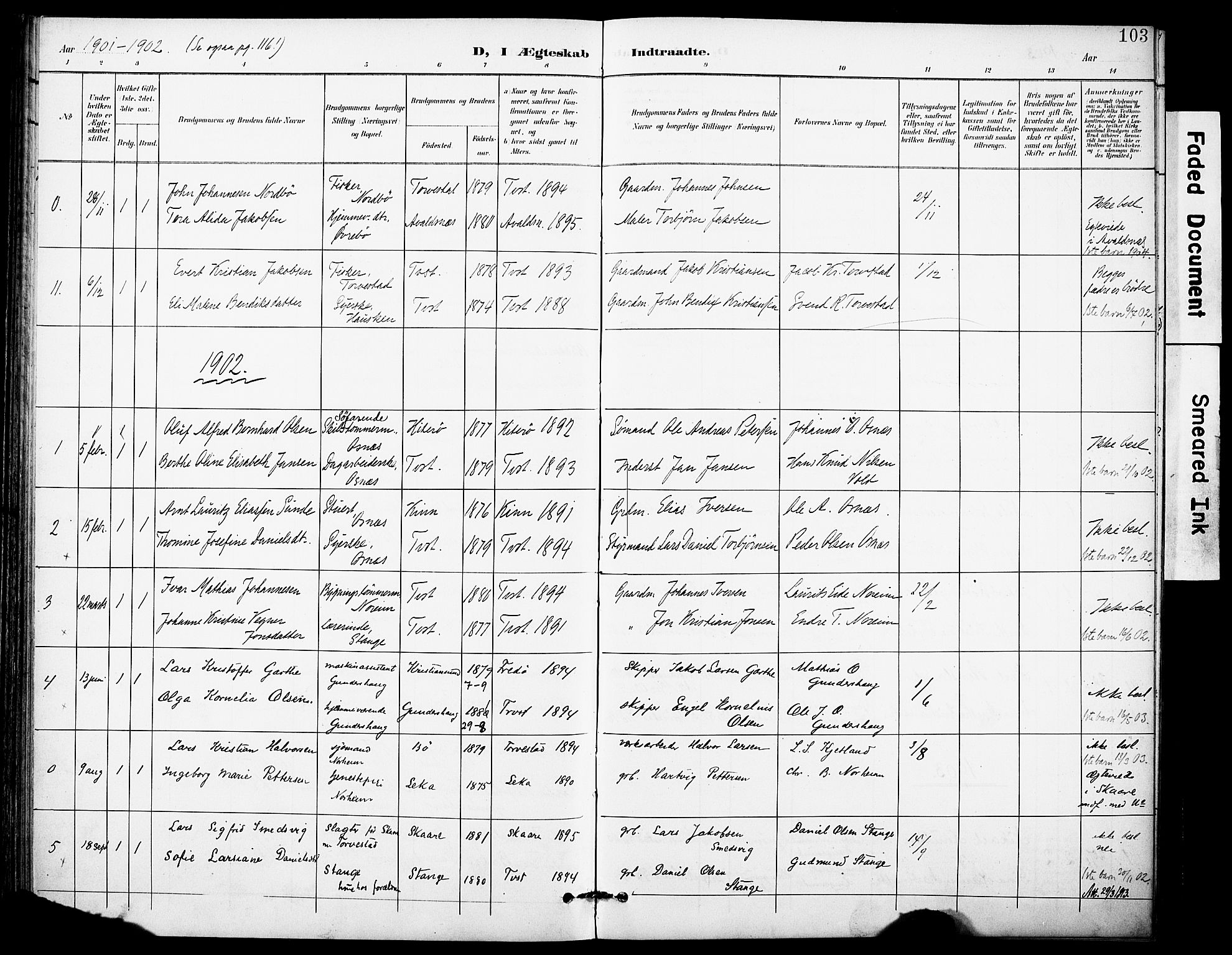 Torvastad sokneprestkontor, SAST/A -101857/H/Ha/Haa/L0017: Parish register (official) no. A 16, 1899-1911, p. 103