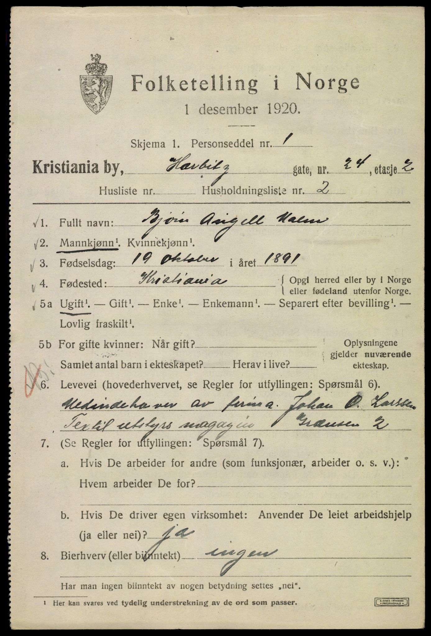 SAO, 1920 census for Kristiania, 1920, p. 271895