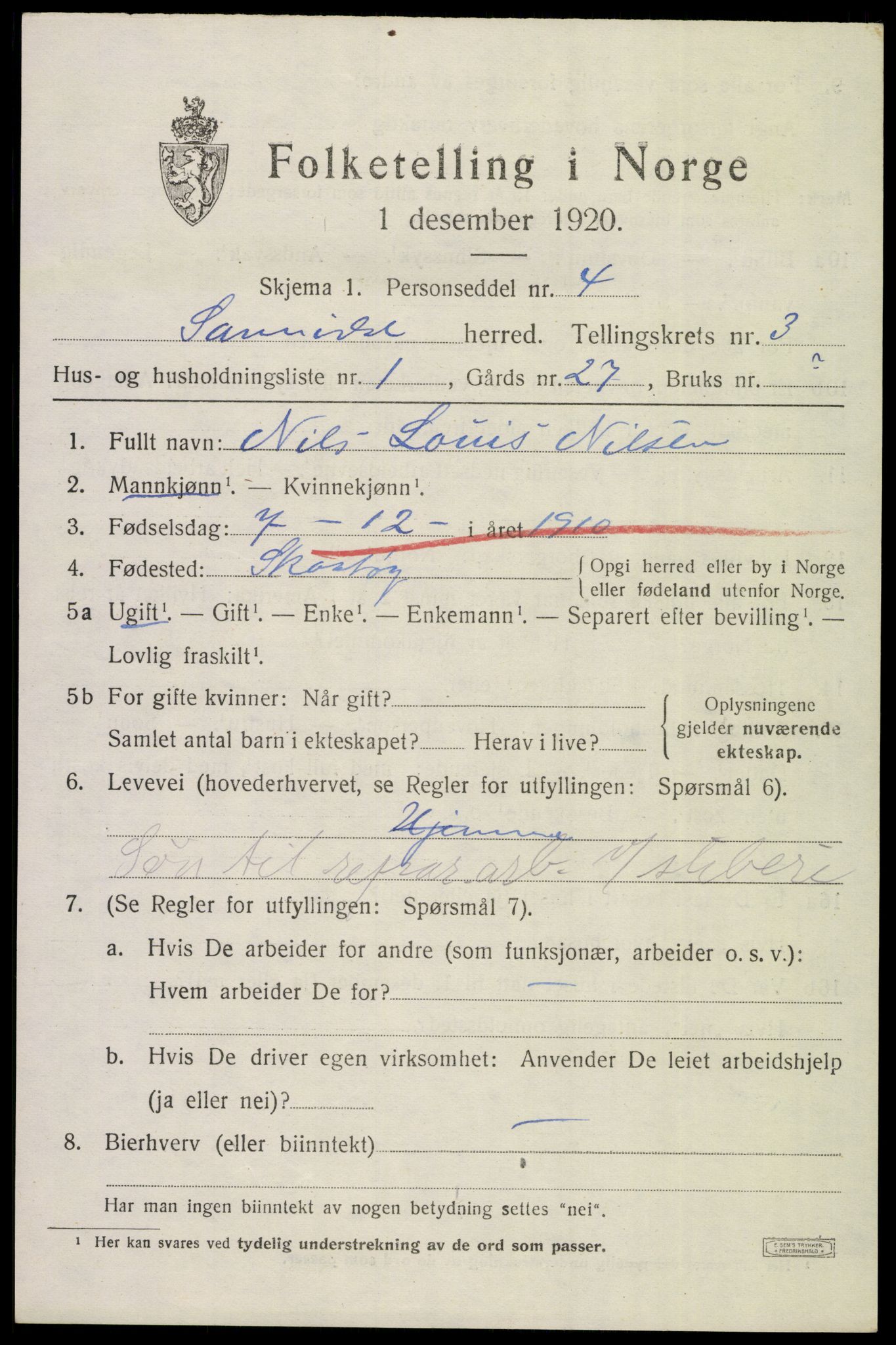 SAKO, 1920 census for Sannidal, 1920, p. 2175
