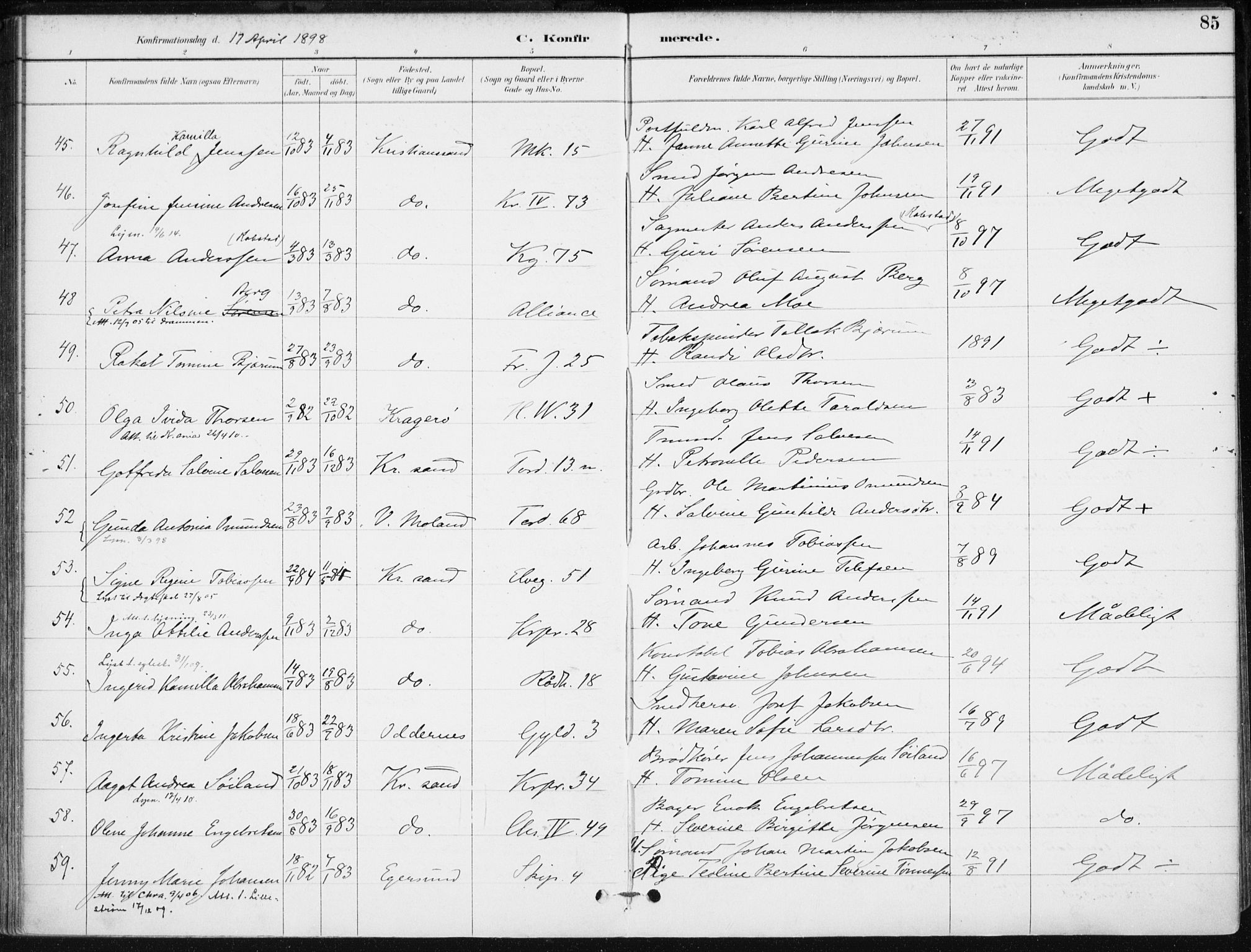 Kristiansand domprosti, AV/SAK-1112-0006/F/Fa/L0020: Parish register (official) no. A 19, 1893-1904, p. 85