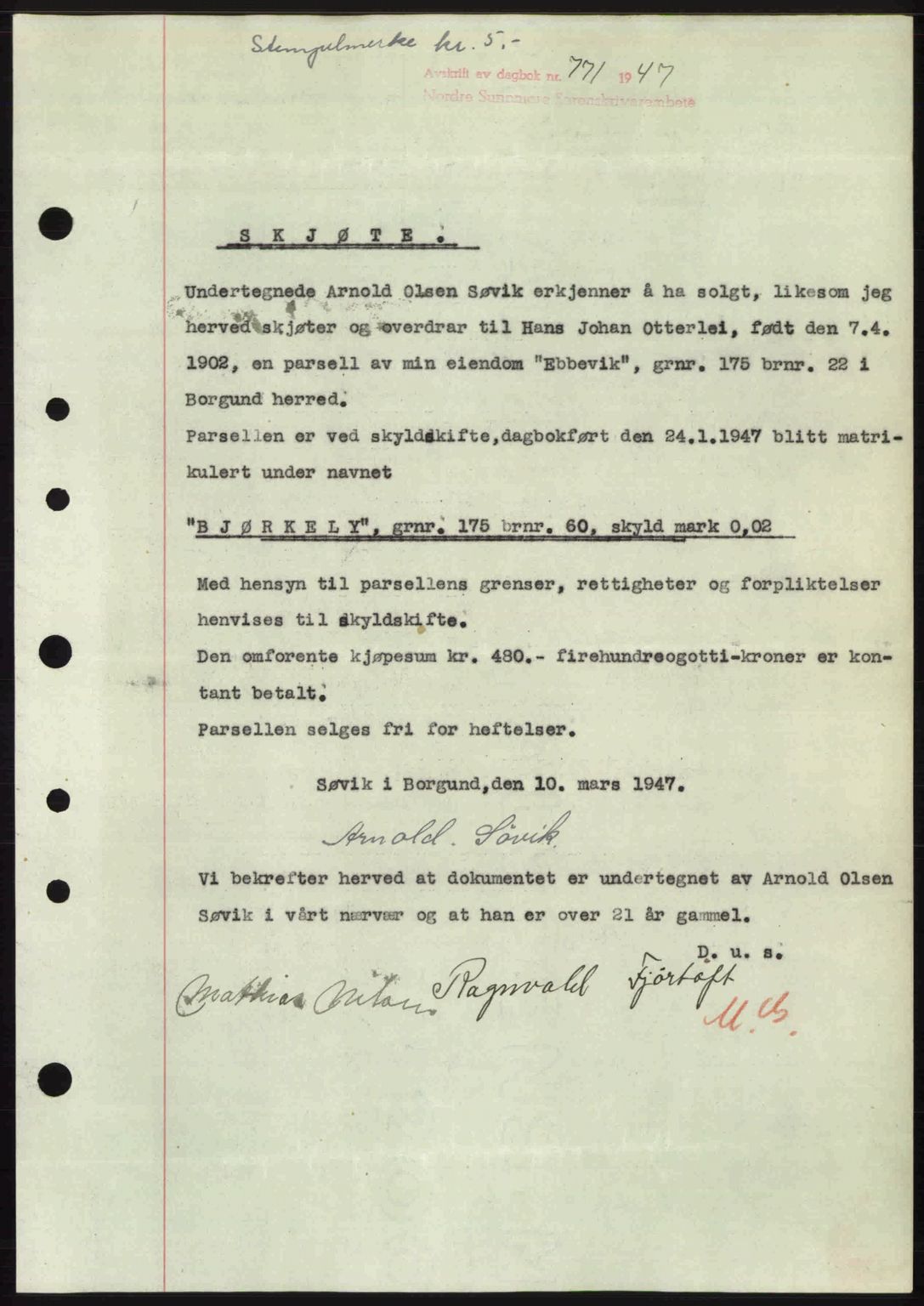 Nordre Sunnmøre sorenskriveri, AV/SAT-A-0006/1/2/2C/2Ca: Mortgage book no. A24, 1947-1947, Diary no: : 771/1947