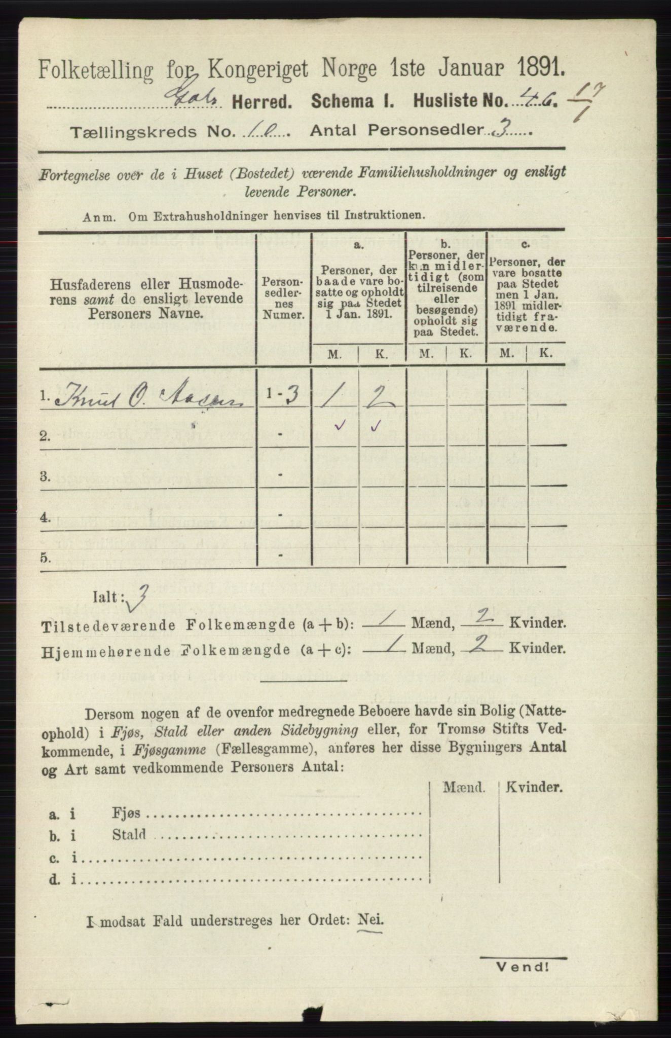 RA, 1891 census for 0617 Gol og Hemsedal, 1891, p. 4026