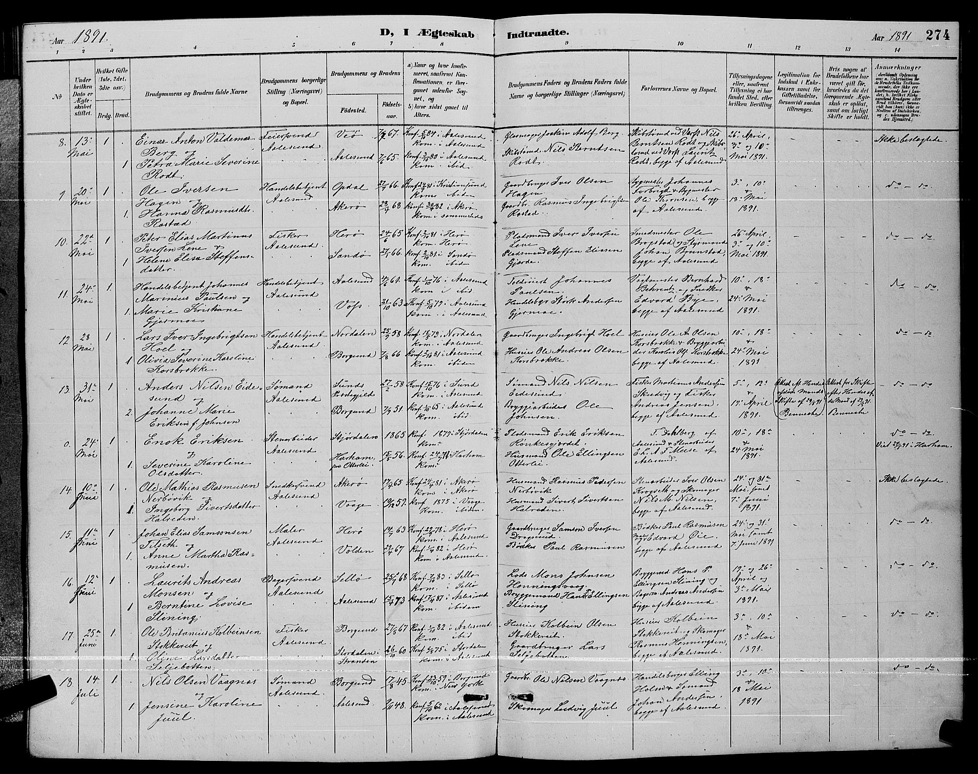 Ministerialprotokoller, klokkerbøker og fødselsregistre - Møre og Romsdal, SAT/A-1454/529/L0467: Parish register (copy) no. 529C04, 1889-1897, p. 274