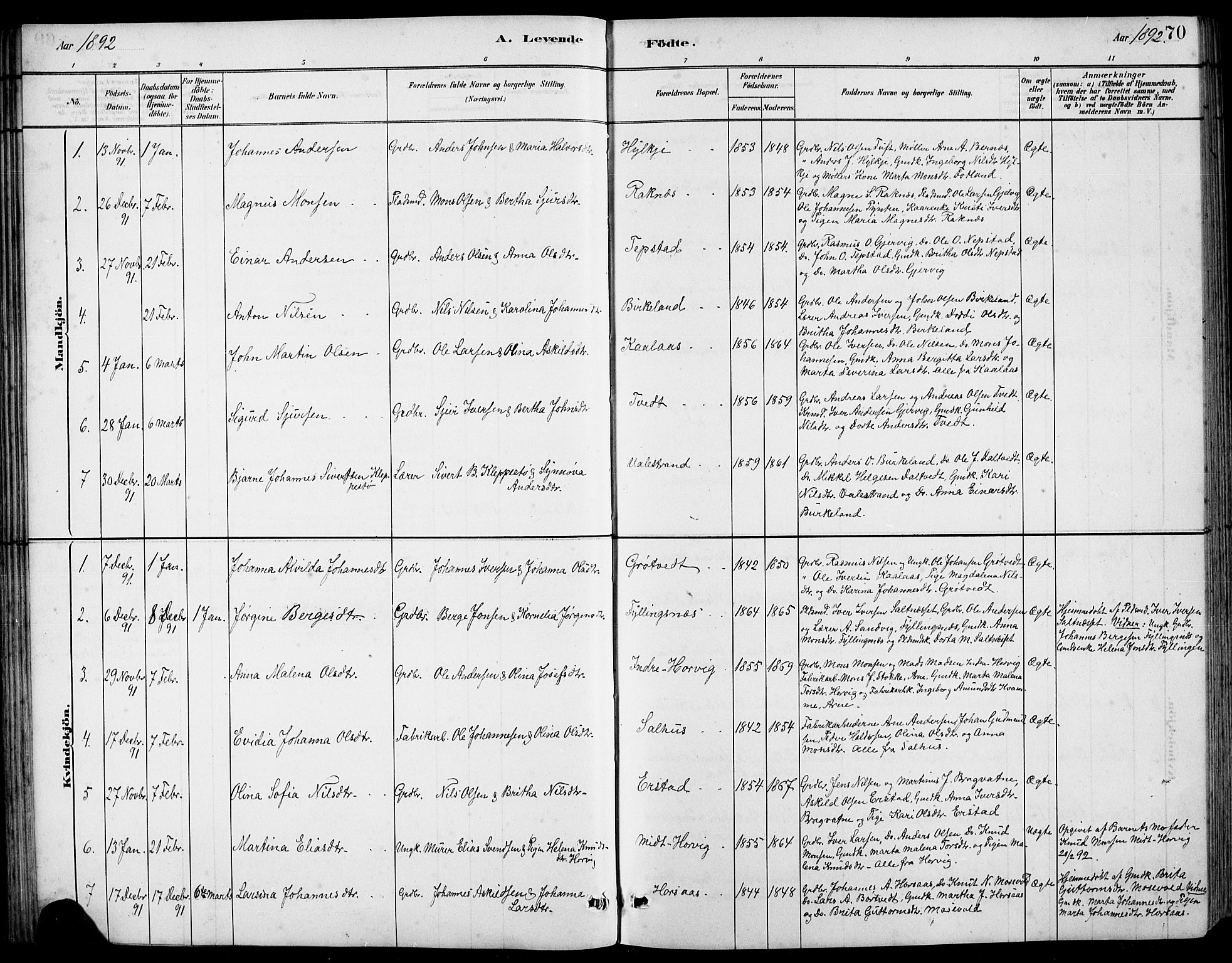 Hamre sokneprestembete, SAB/A-75501/H/Ha/Hab: Parish register (copy) no. B 3, 1881-1898, p. 70