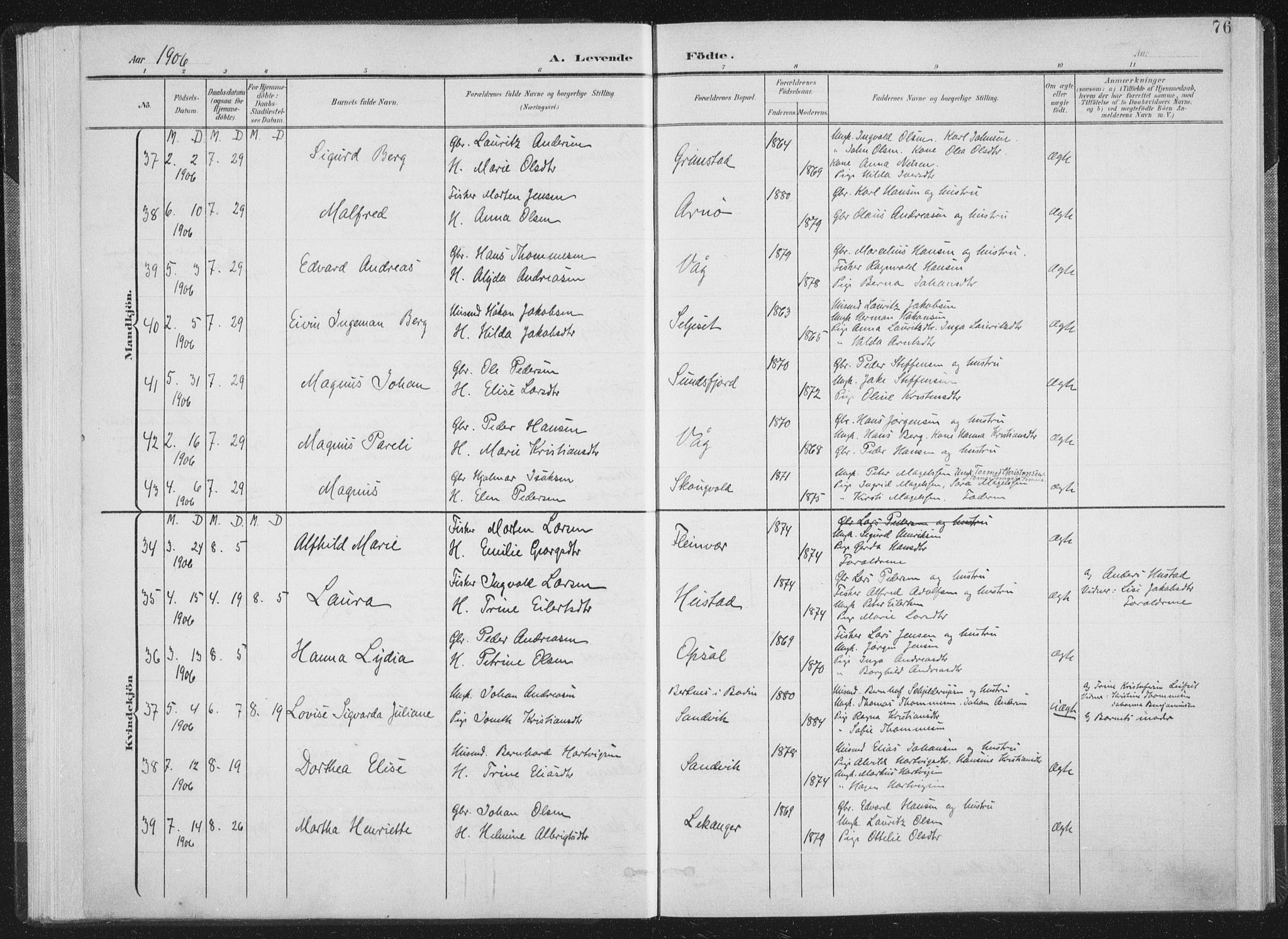 Ministerialprotokoller, klokkerbøker og fødselsregistre - Nordland, SAT/A-1459/805/L0102: Parish register (official) no. 805A08I, 1900-1909, p. 76