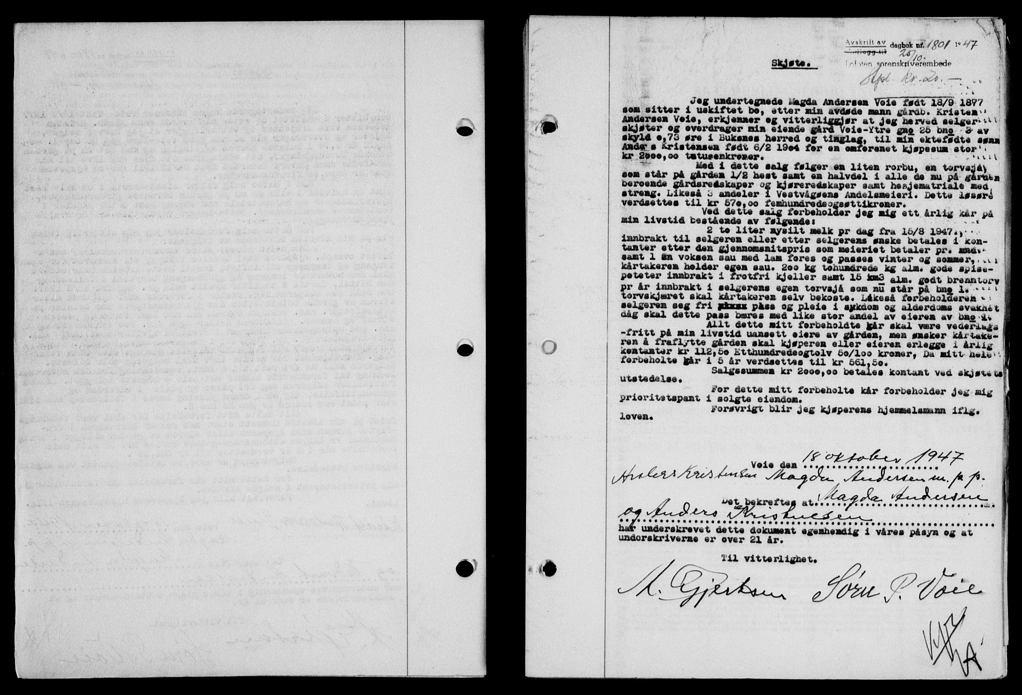 Lofoten sorenskriveri, SAT/A-0017/1/2/2C/L0017a: Mortgage book no. 17a, 1947-1948, Diary no: : 1801/1947