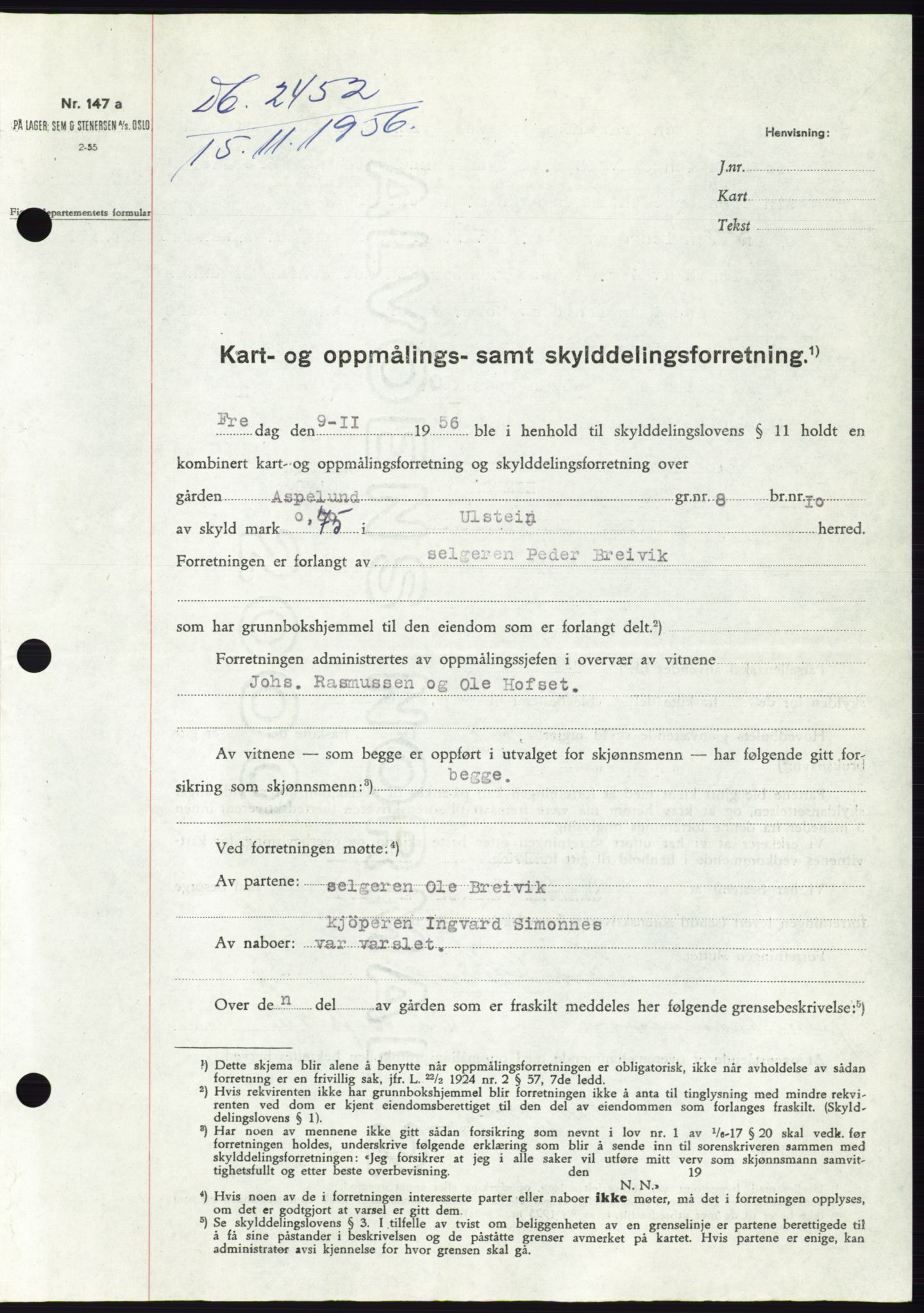 Søre Sunnmøre sorenskriveri, AV/SAT-A-4122/1/2/2C/L0105: Mortgage book no. 31A, 1956-1957, Diary no: : 2452/1956