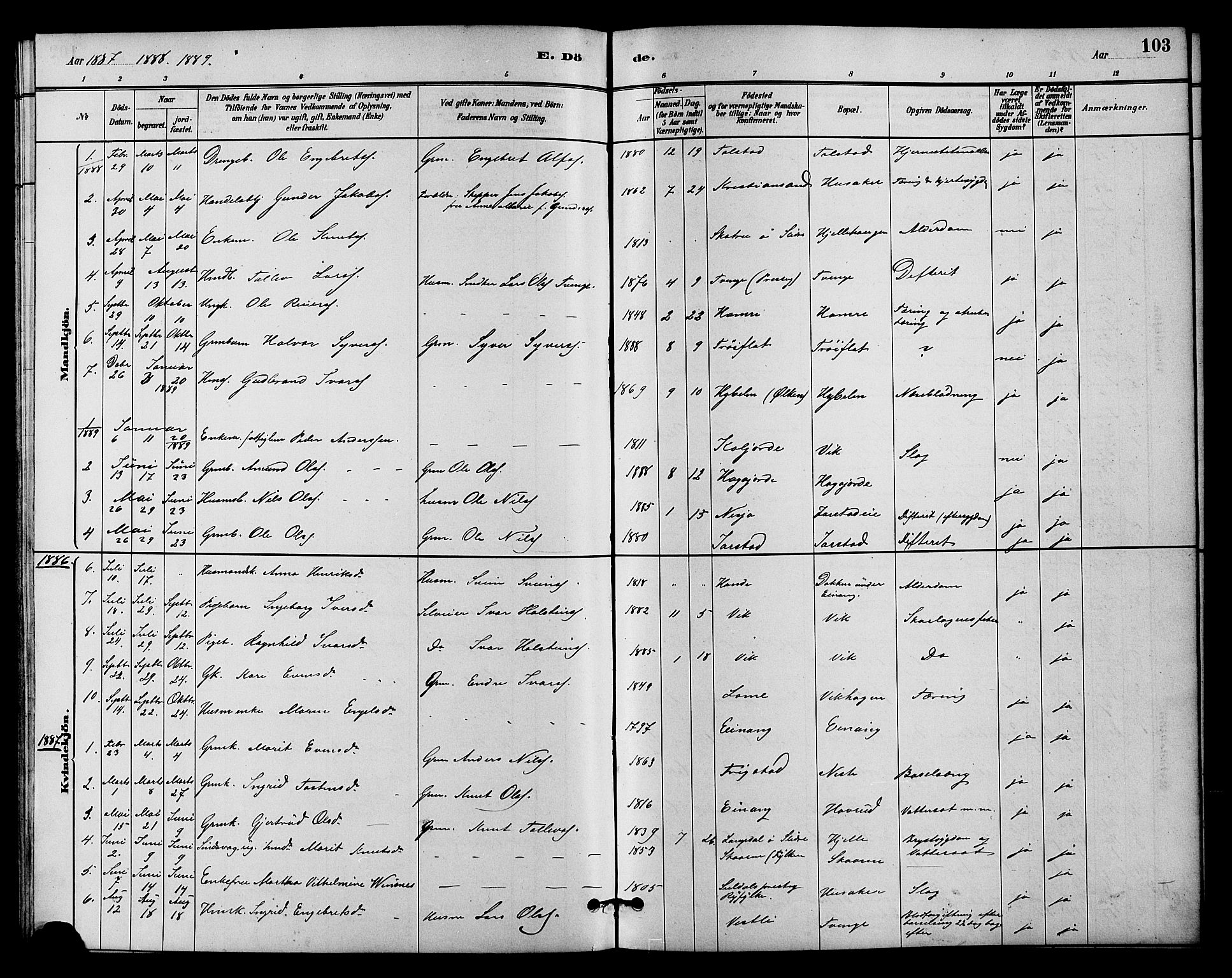 Vestre Slidre prestekontor, SAH/PREST-136/H/Ha/Hab/L0004: Parish register (copy) no. 4, 1881-1912, p. 103