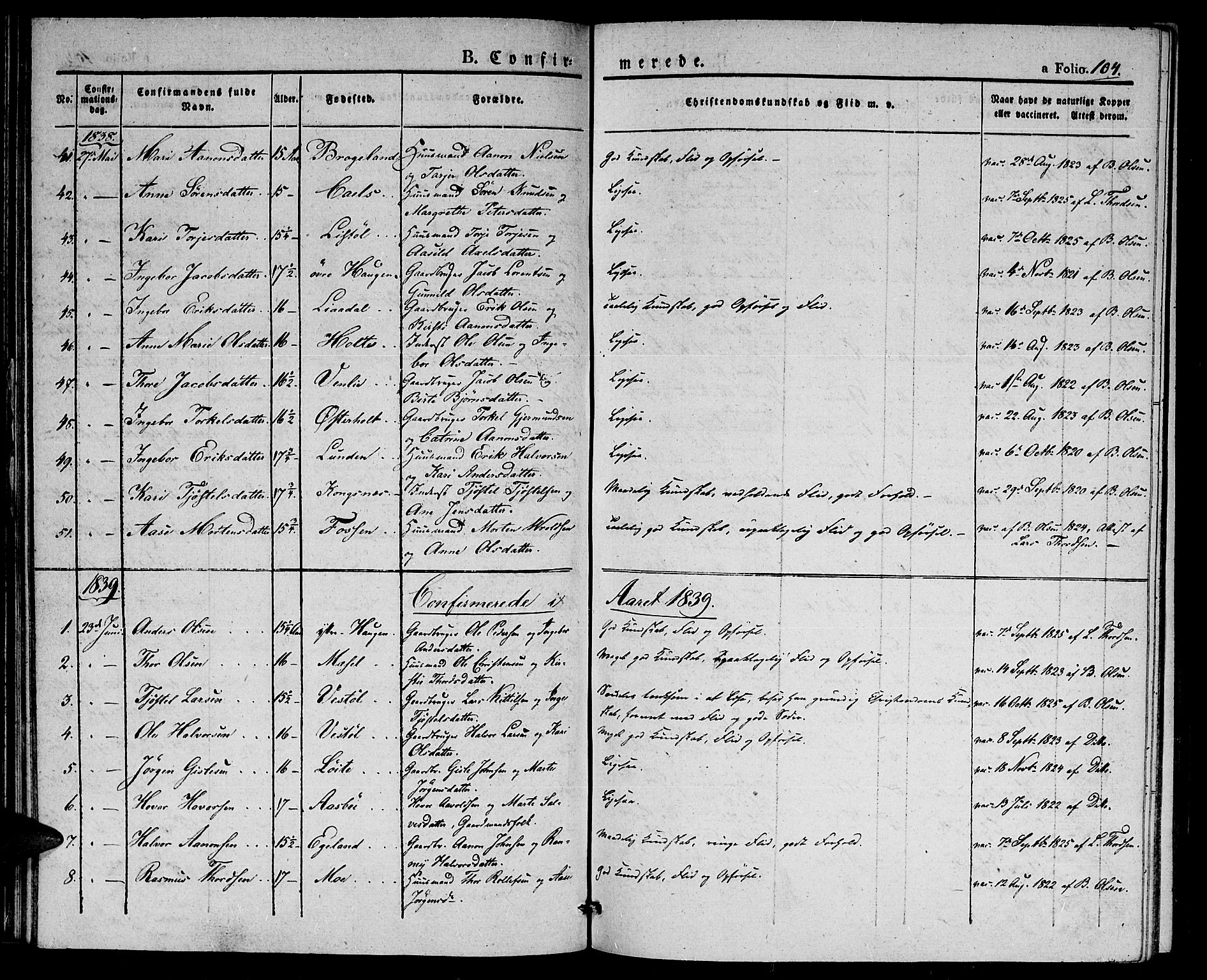 Gjerstad sokneprestkontor, SAK/1111-0014/F/Fa/Faa/L0005: Parish register (official) no. A 5, 1829-1841, p. 104