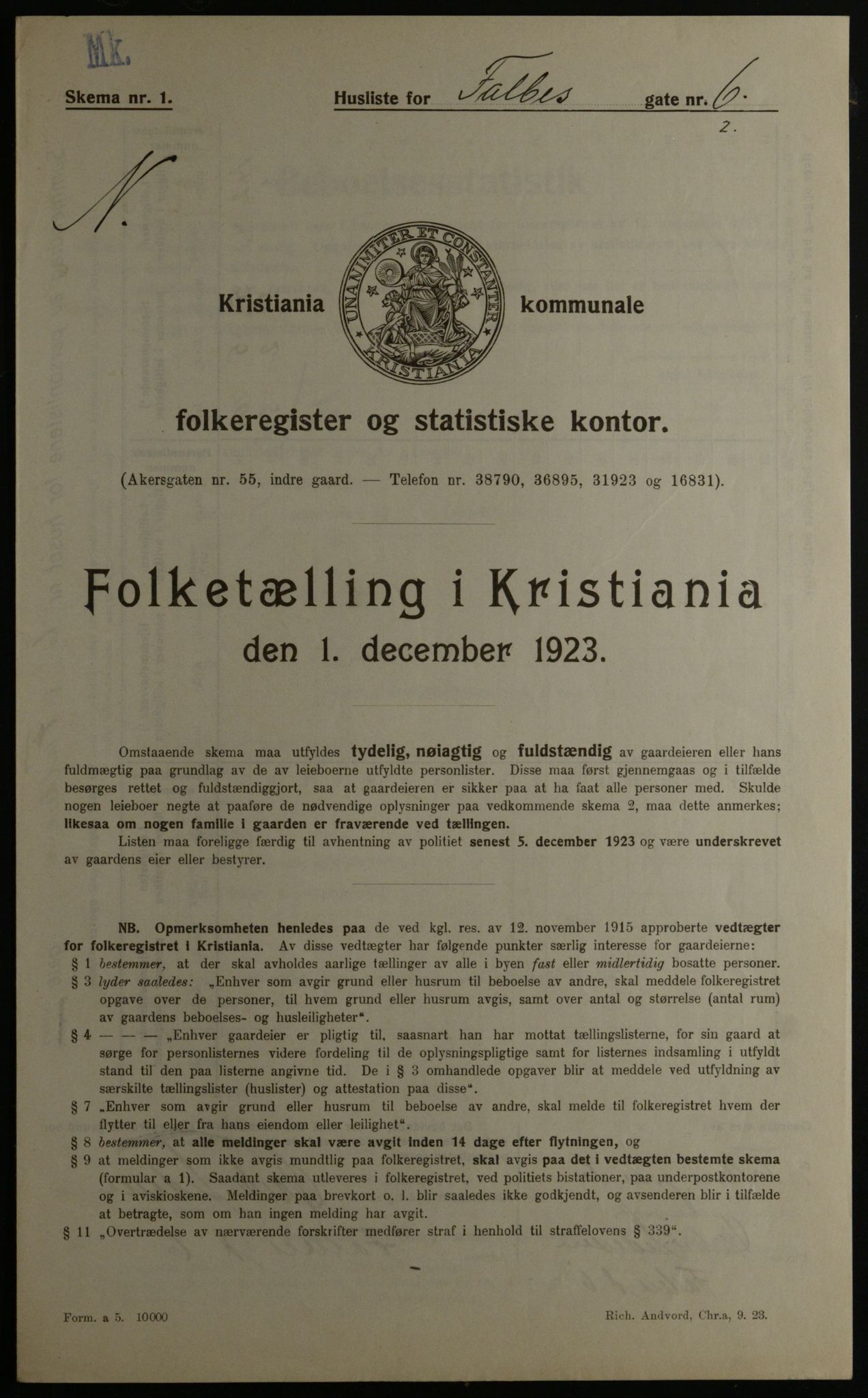 OBA, Municipal Census 1923 for Kristiania, 1923, p. 26160