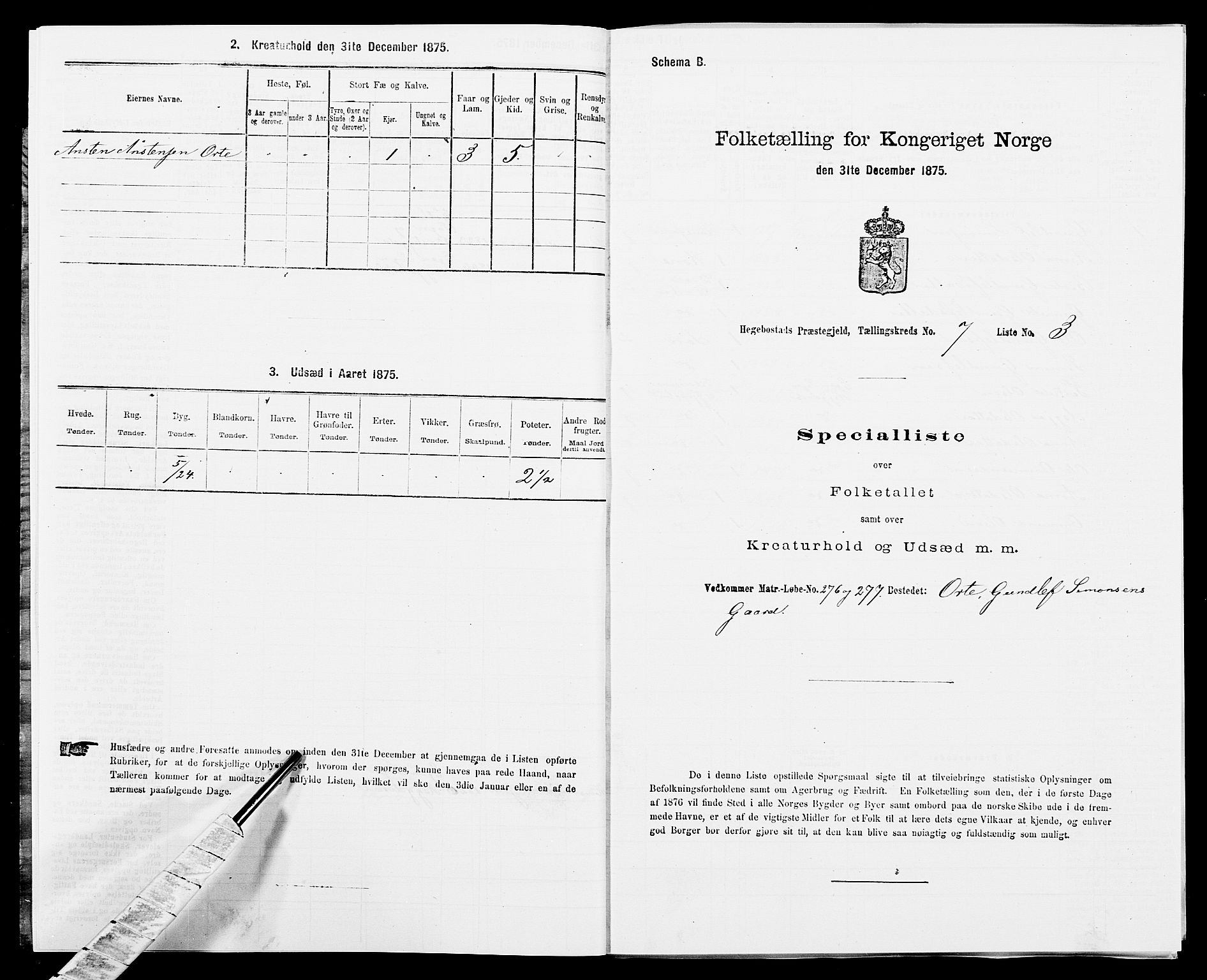 SAK, 1875 census for 1034P Hægebostad, 1875, p. 722