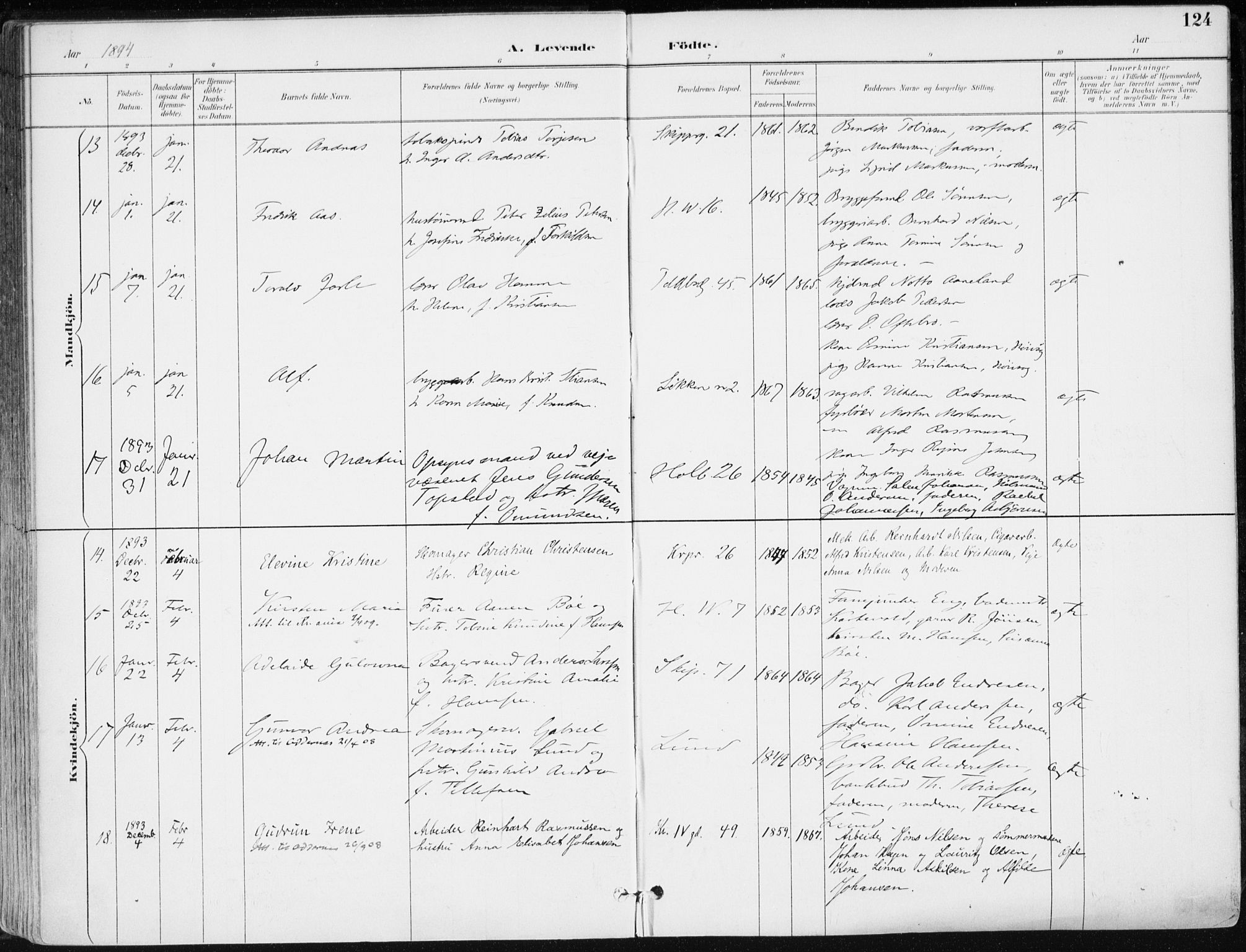 Kristiansand domprosti, SAK/1112-0006/F/Fa/L0019: Parish register (official) no. A 18, 1890-1897, p. 124