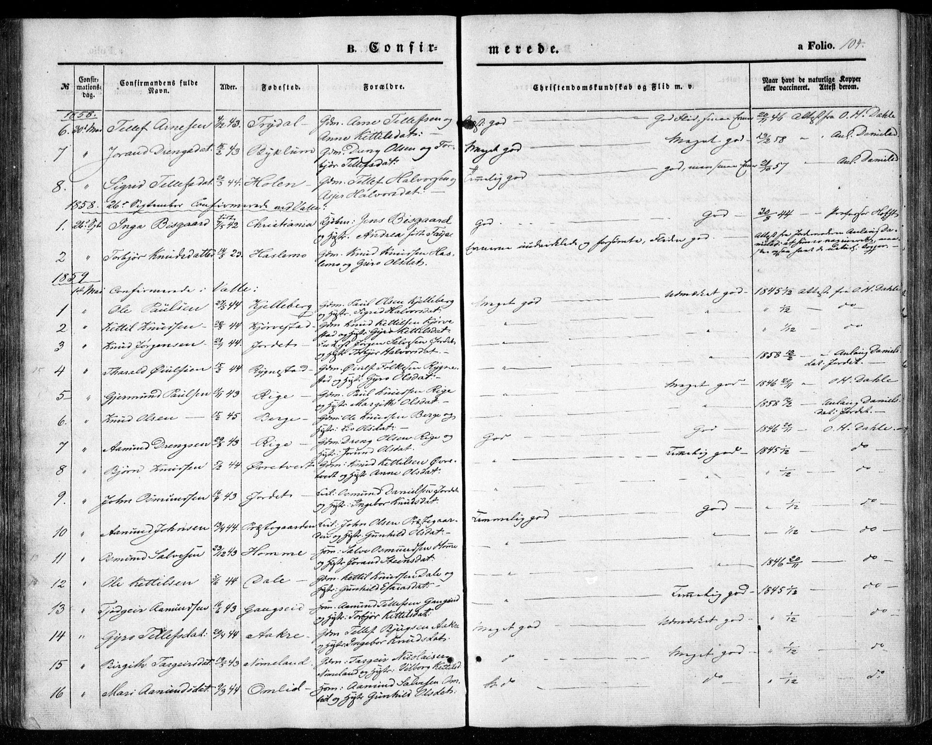 Valle sokneprestkontor, SAK/1111-0044/F/Fa/Fac/L0007: Parish register (official) no. A 7, 1854-1868, p. 104