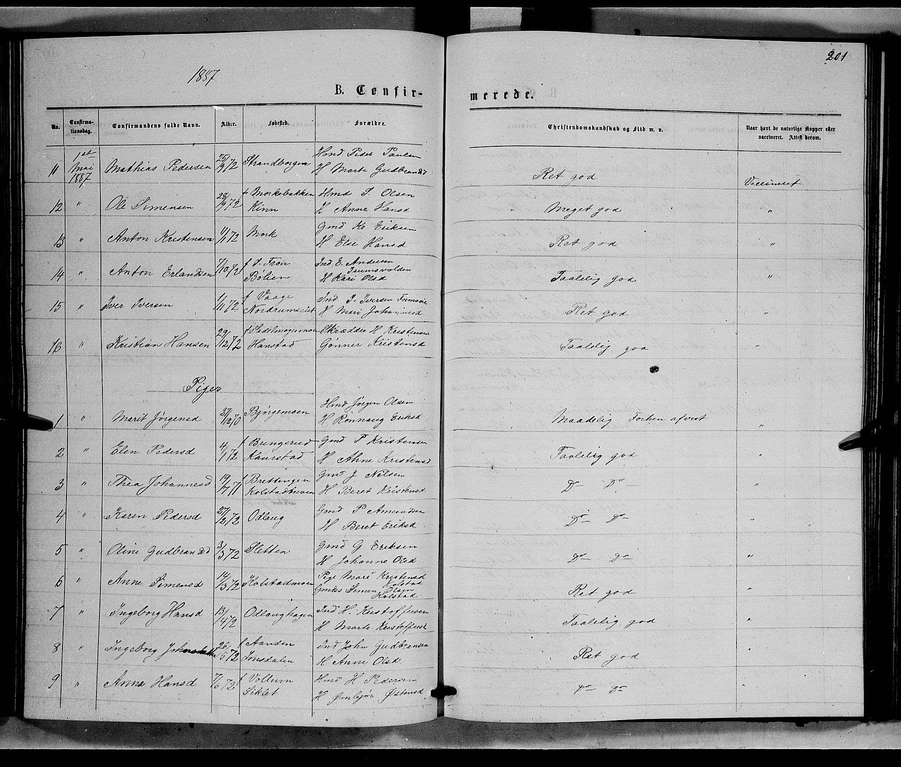 Ringebu prestekontor, SAH/PREST-082/H/Ha/Hab/L0006: Parish register (copy) no. 6, 1880-1898, p. 201