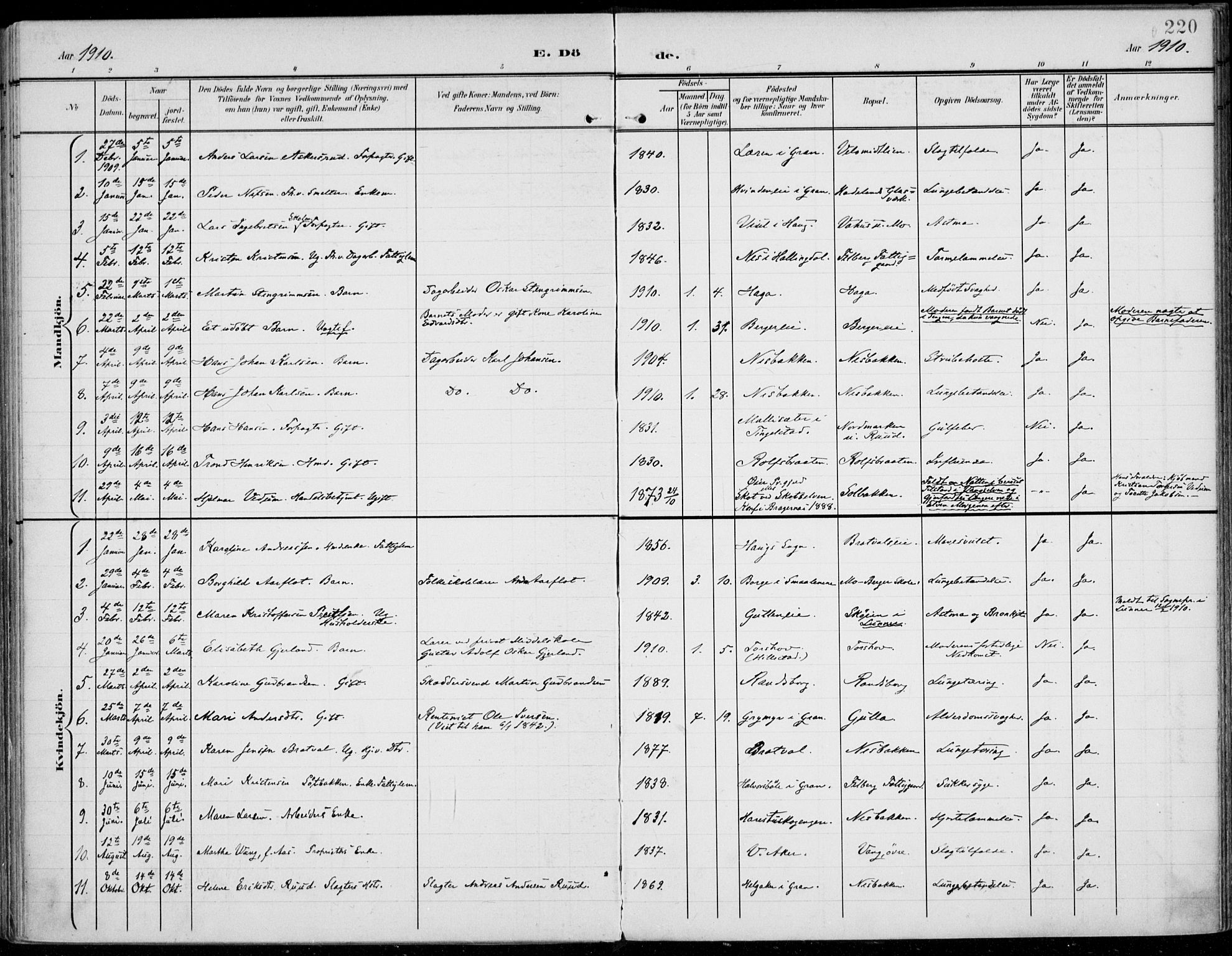 Jevnaker prestekontor, SAH/PREST-116/H/Ha/Haa/L0011: Parish register (official) no. 11, 1902-1913, p. 220