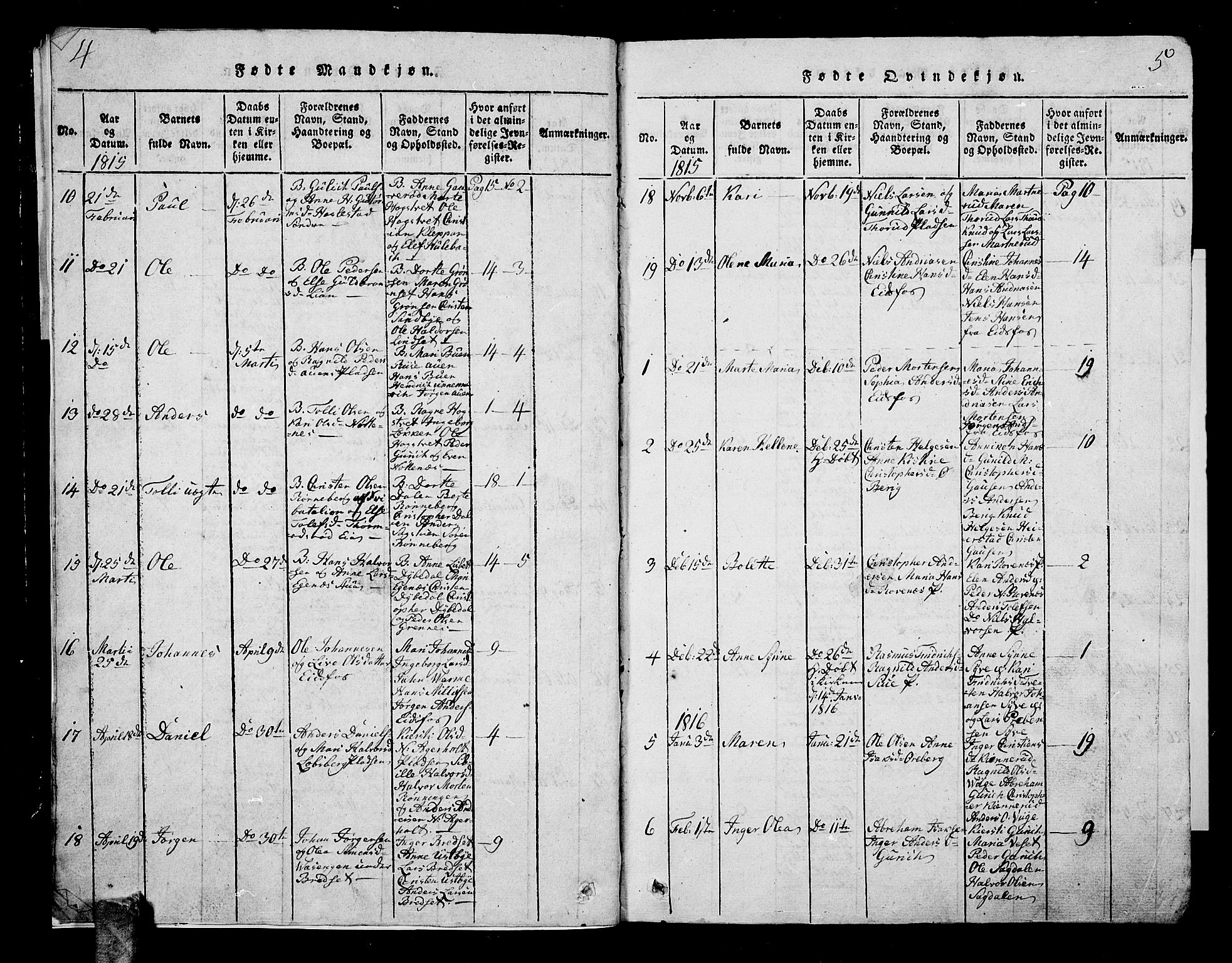 Hof kirkebøker, AV/SAKO-A-64/G/Ga/L0001: Parish register (copy) no. I 1, 1814-1844, p. 4-5