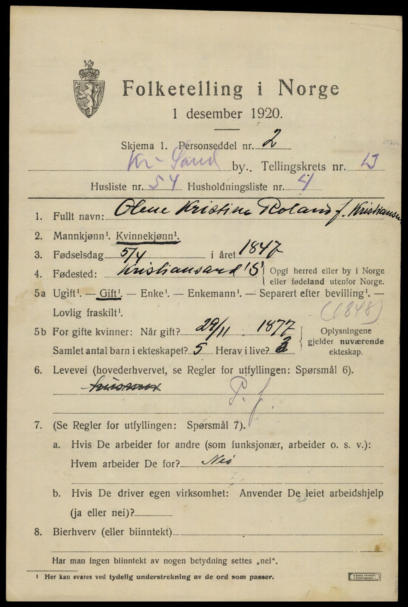 SAK, 1920 census for Kristiansand, 1920, p. 28257