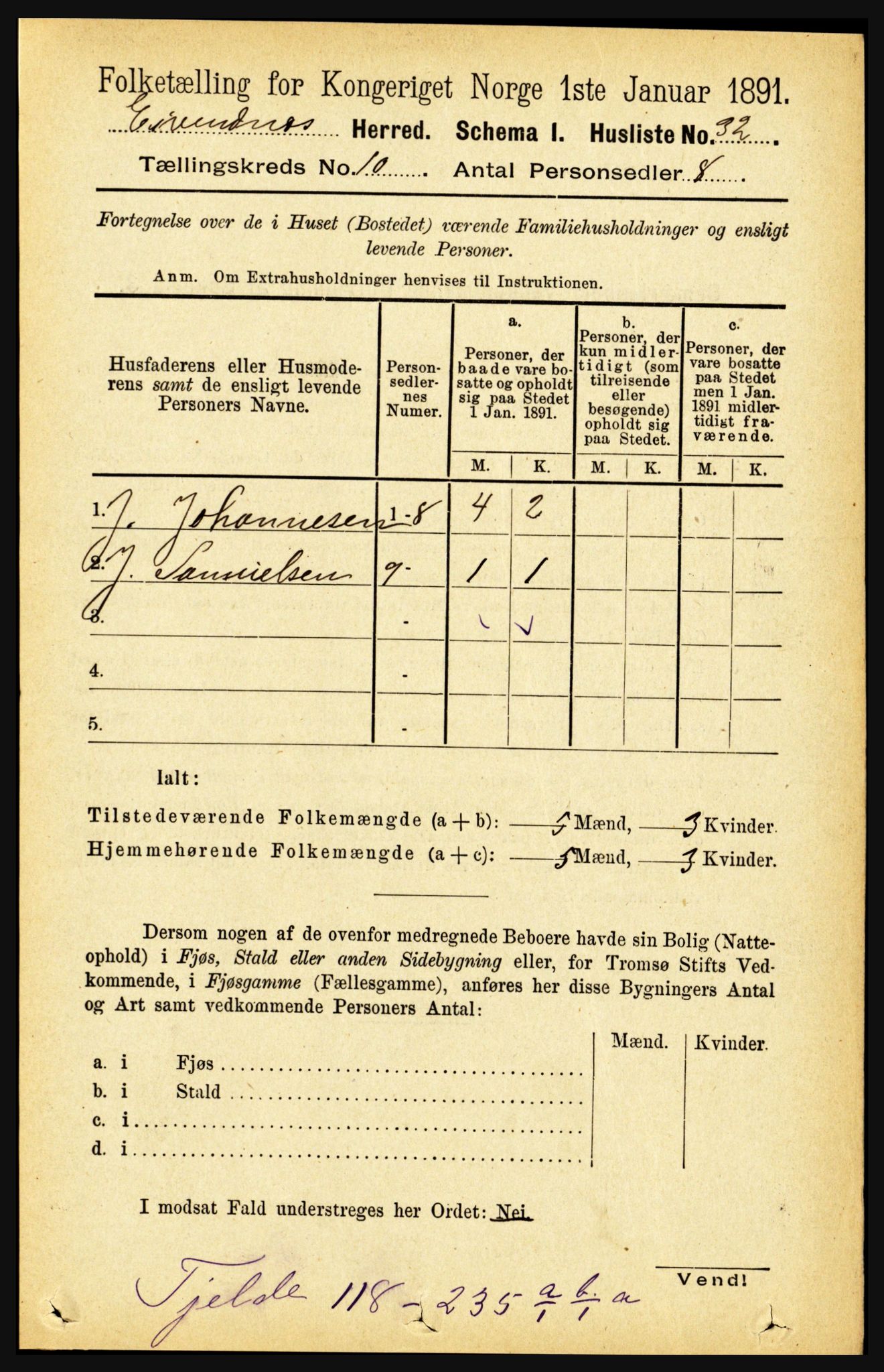 RA, 1891 census for 1853 Evenes, 1891, p. 3120