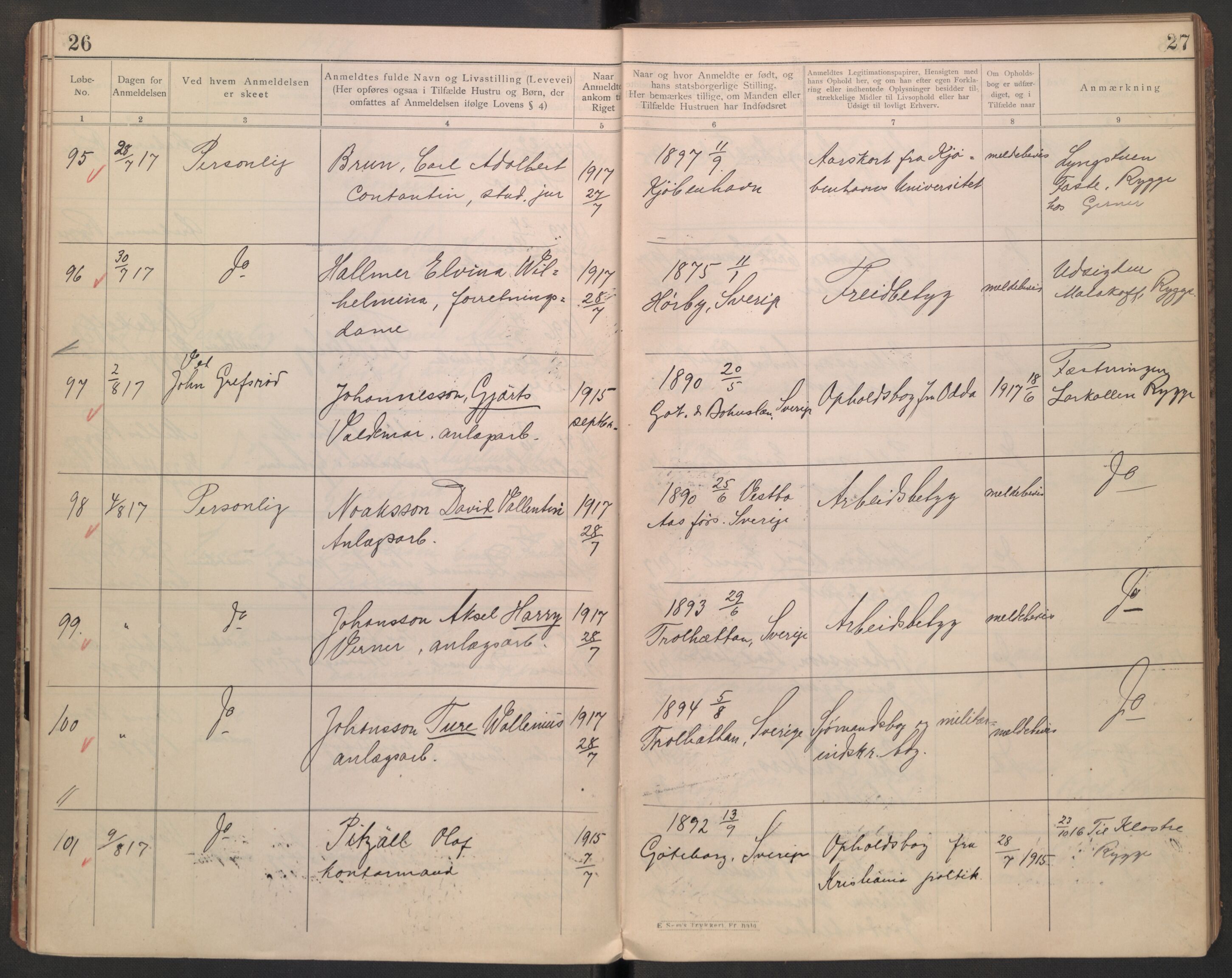 Rygge lensmannskontor, AV/SAO-A-10005/I/Ic/Ica/L0002: Protokoll over fremmede statsborgere, 1902-1928, p. 26-27