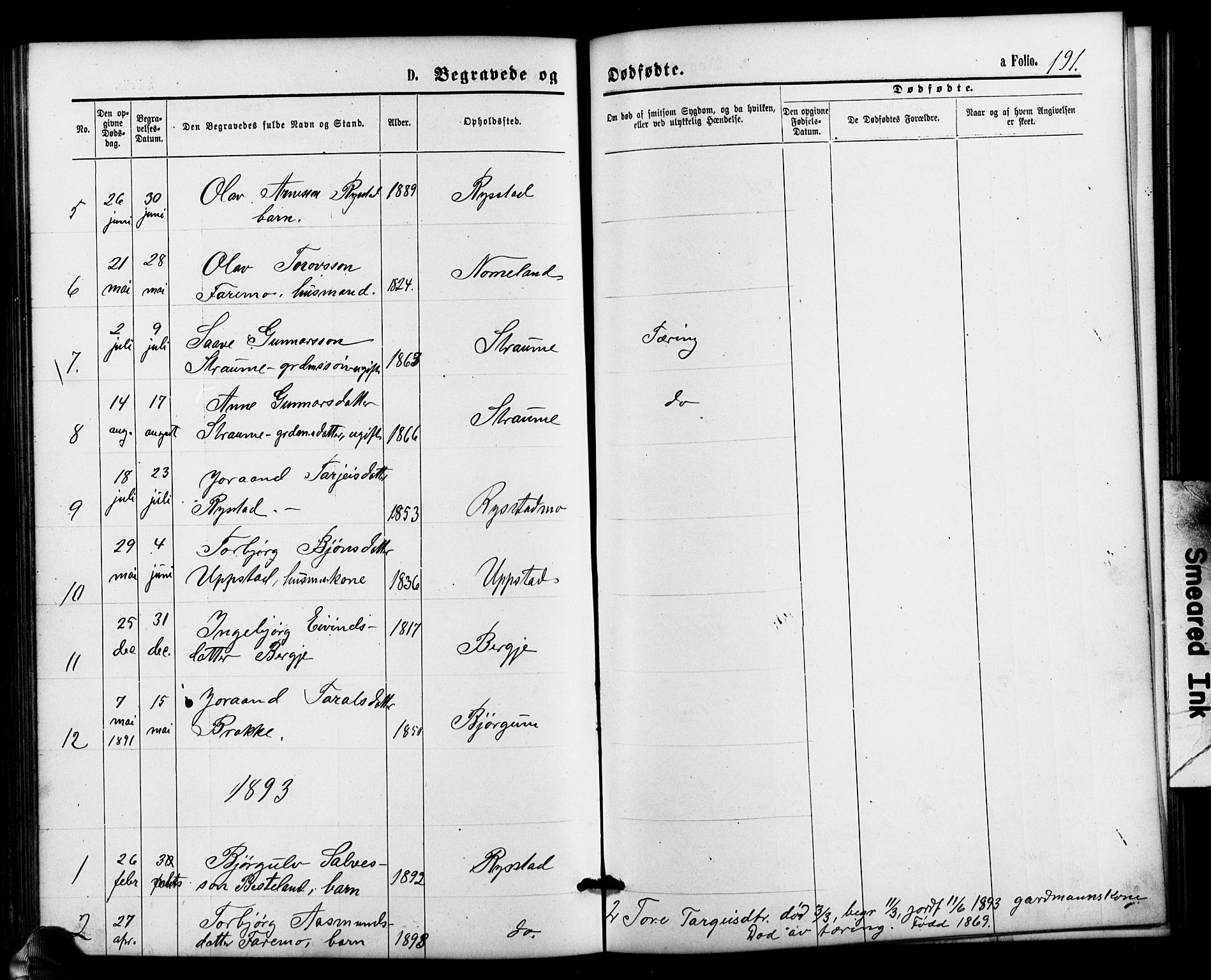 Valle sokneprestkontor, SAK/1111-0044/F/Fb/Fbb/L0002: Parish register (copy) no. B 2, 1875-1921, p. 191