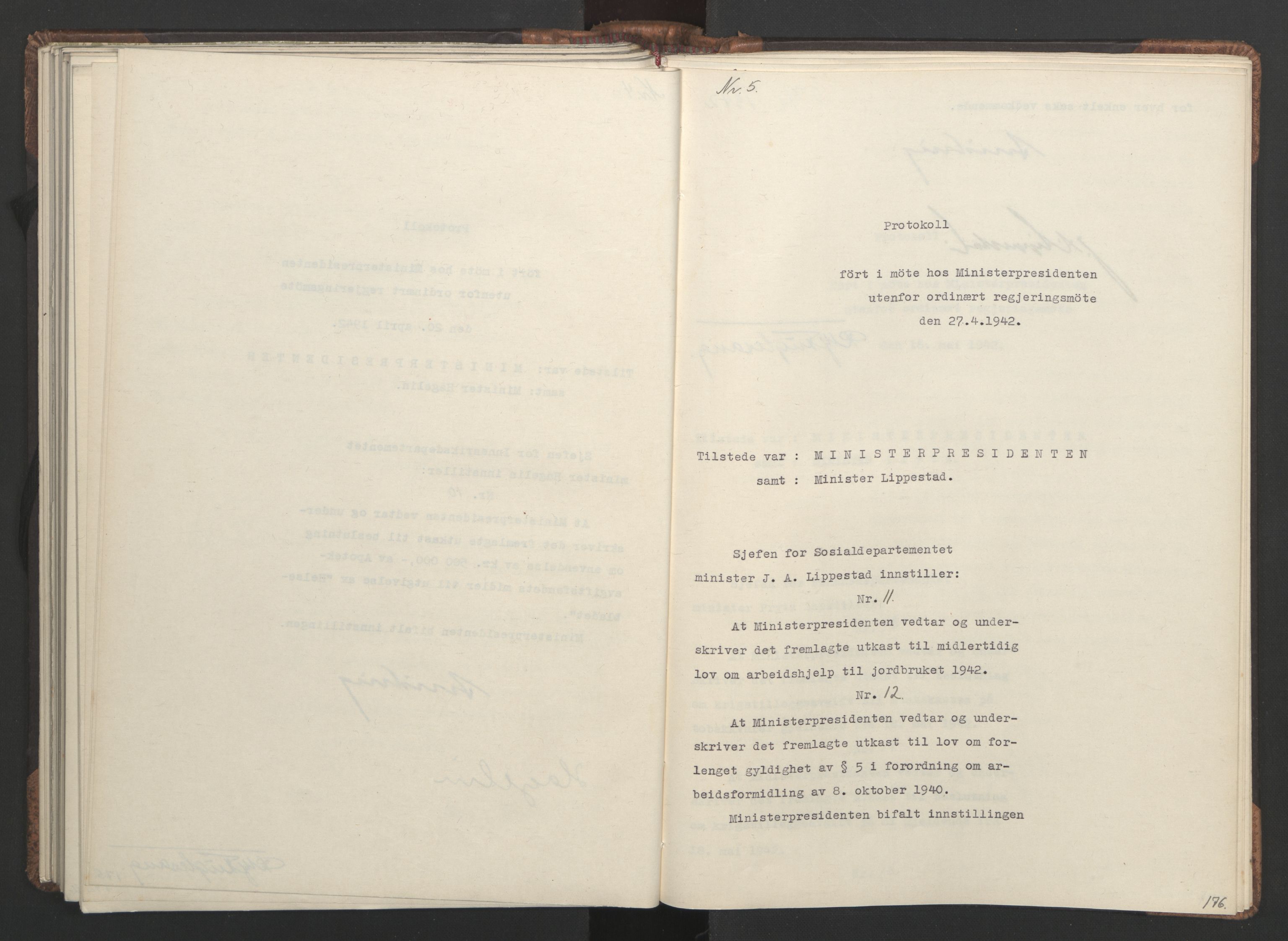 NS-administrasjonen 1940-1945 (Statsrådsekretariatet, de kommisariske statsråder mm), AV/RA-S-4279/D/Da/L0001: Beslutninger og tillegg (1-952 og 1-32), 1942, p. 180