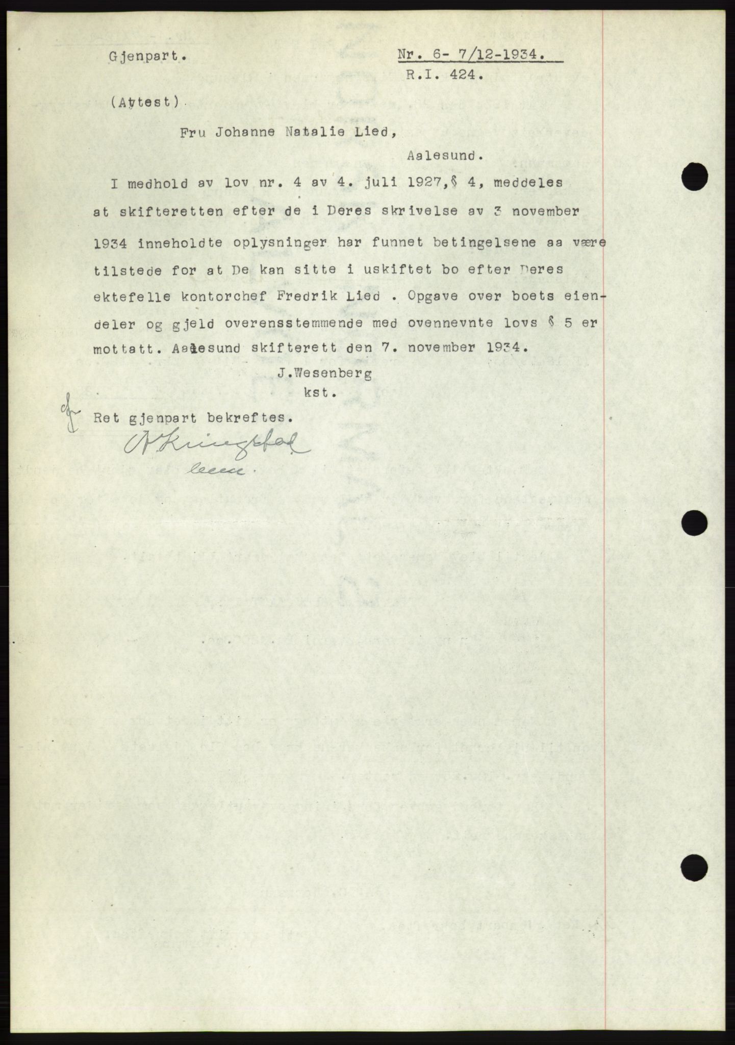 Ålesund byfogd, AV/SAT-A-4384: Mortgage book no. 32, 1934-1935, Deed date: 07.12.1934