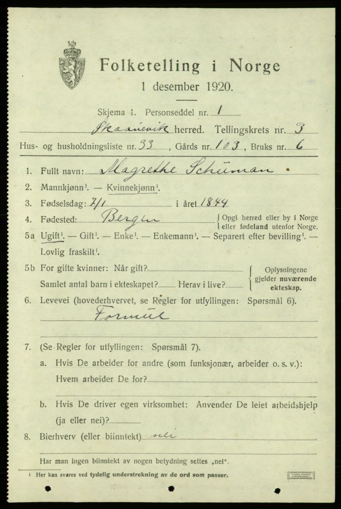 SAB, 1920 census for Skånevik, 1920, p. 3161