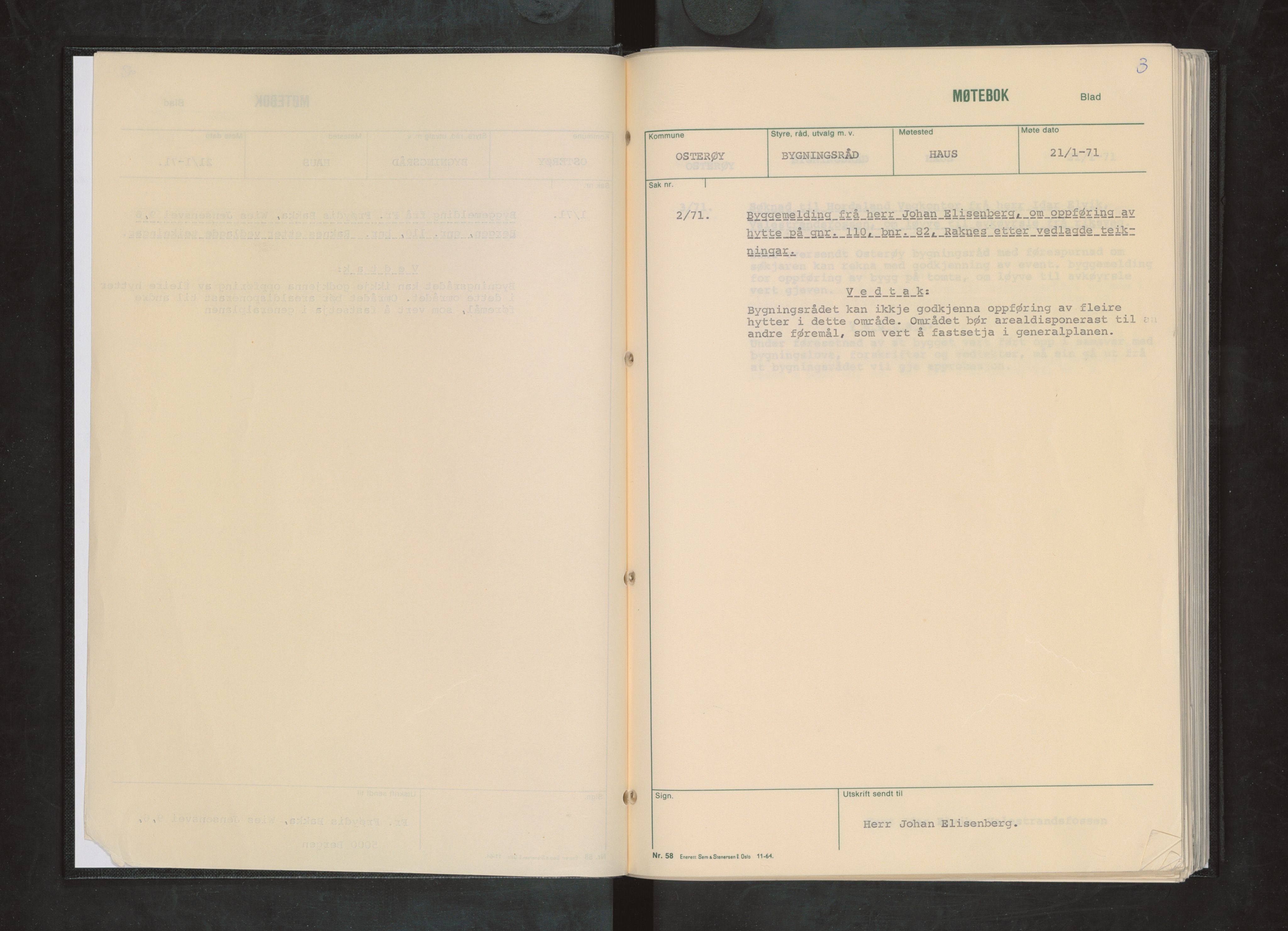 Osterøy kommune. Bygningsrådet, IKAH/1253b-511/A/Aa/L0006: Møtebok Osterøy bygningsråd, 1971