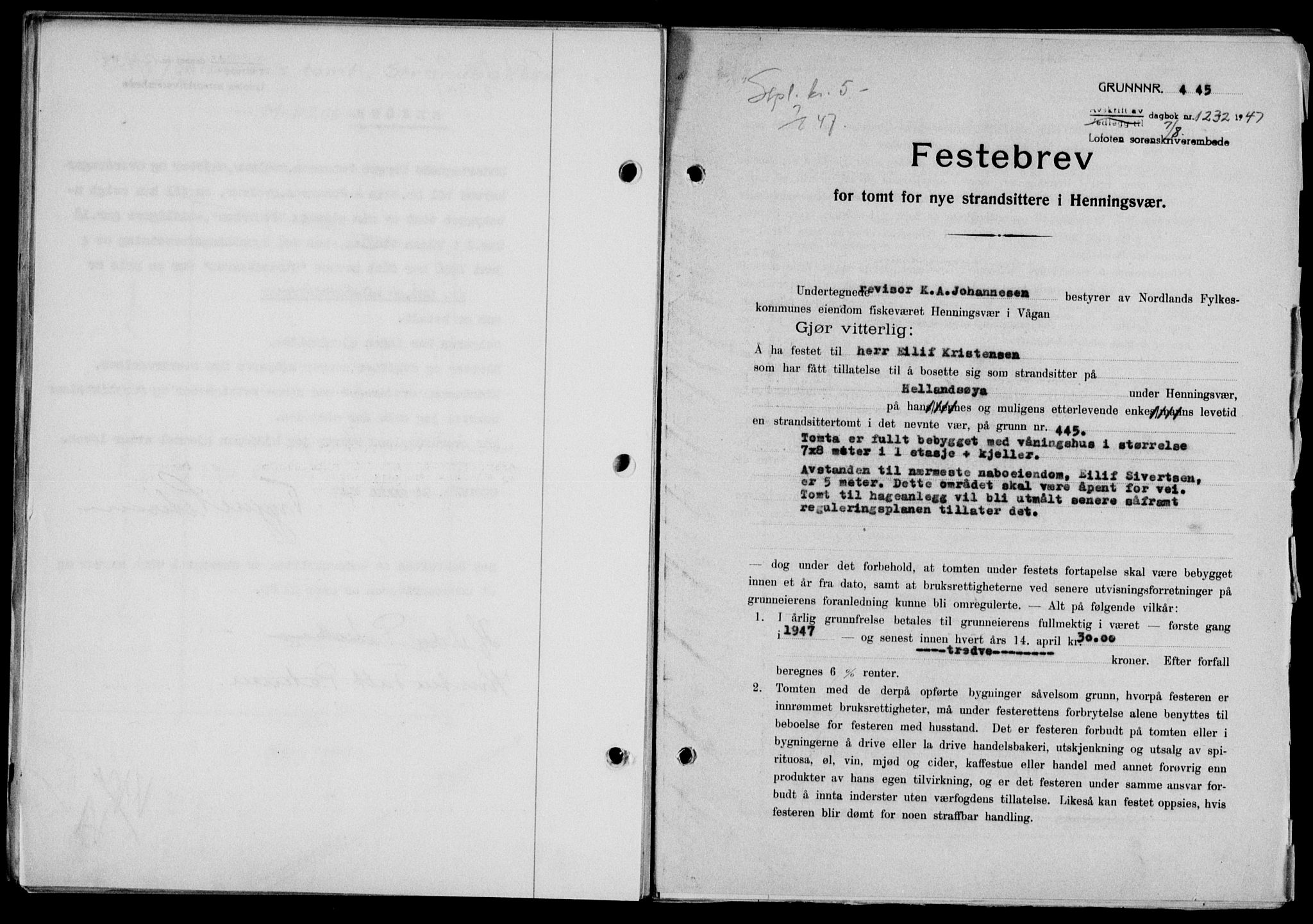 Lofoten sorenskriveri, SAT/A-0017/1/2/2C/L0016a: Mortgage book no. 16a, 1947-1947, Diary no: : 1232/1947