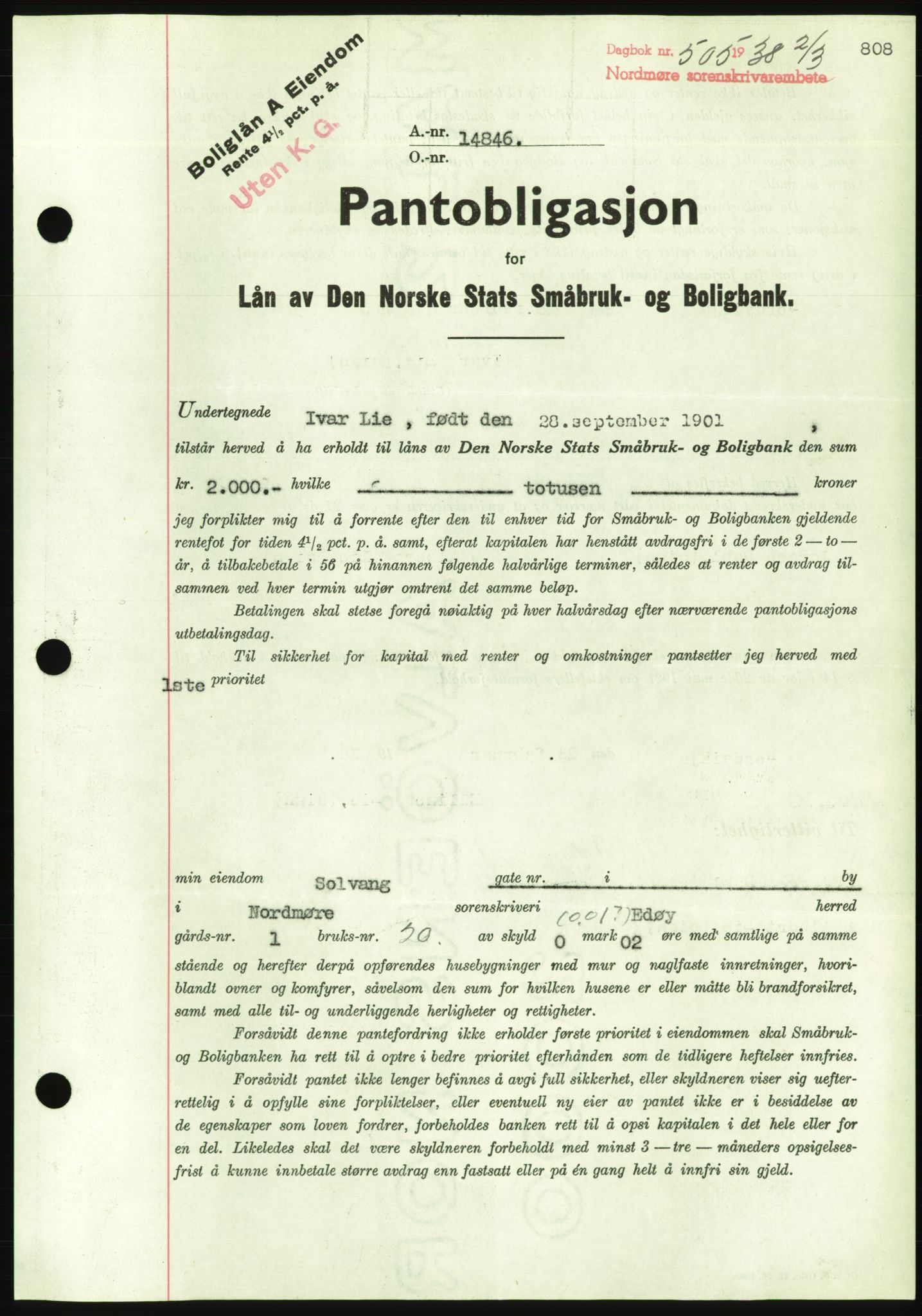 Nordmøre sorenskriveri, AV/SAT-A-4132/1/2/2Ca/L0092: Mortgage book no. B82, 1937-1938, Diary no: : 505/1938