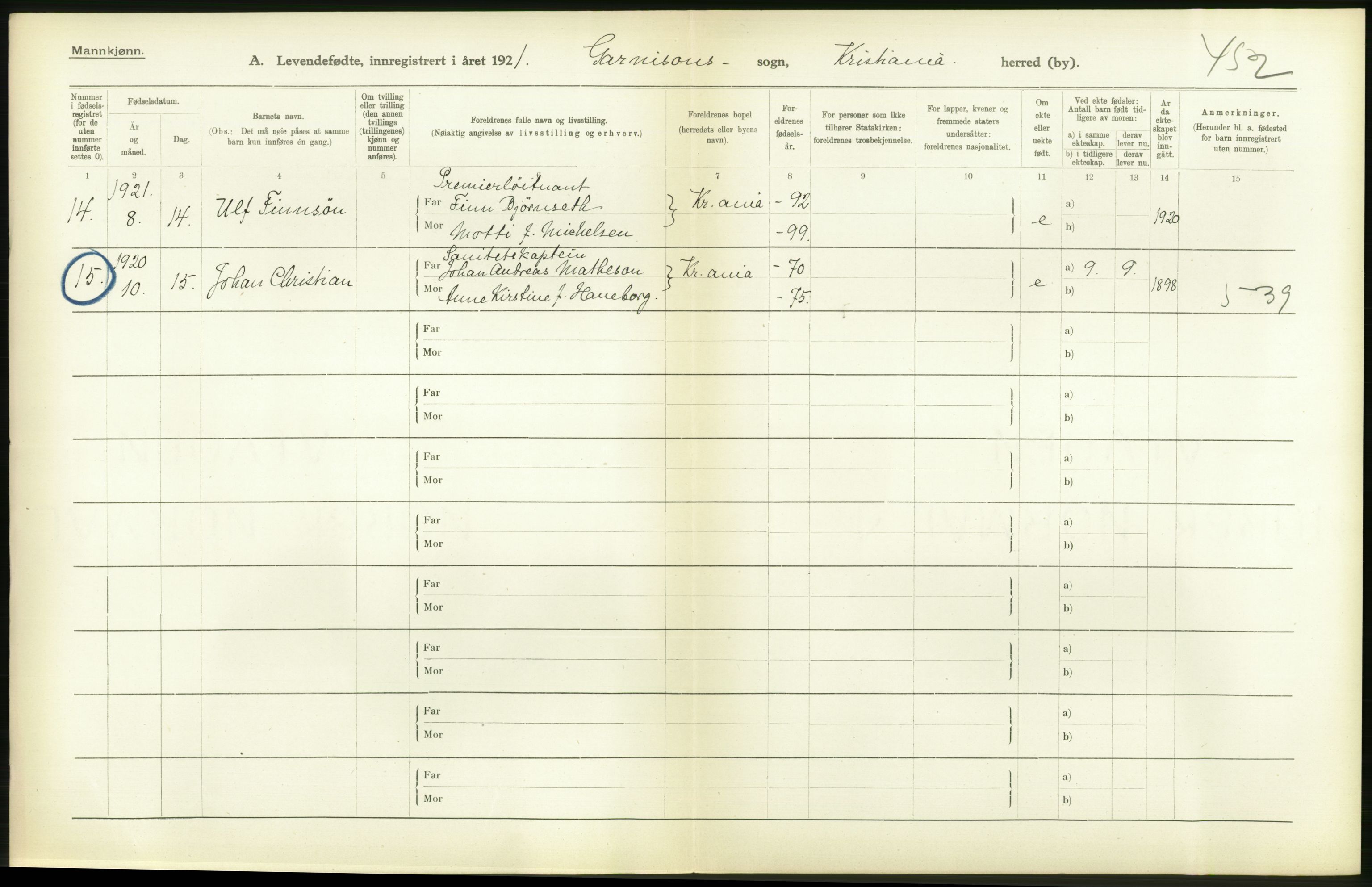 Statistisk sentralbyrå, Sosiodemografiske emner, Befolkning, RA/S-2228/D/Df/Dfc/Dfca/L0009: Kristiania: Levendefødte menn og kvinner., 1921, p. 354