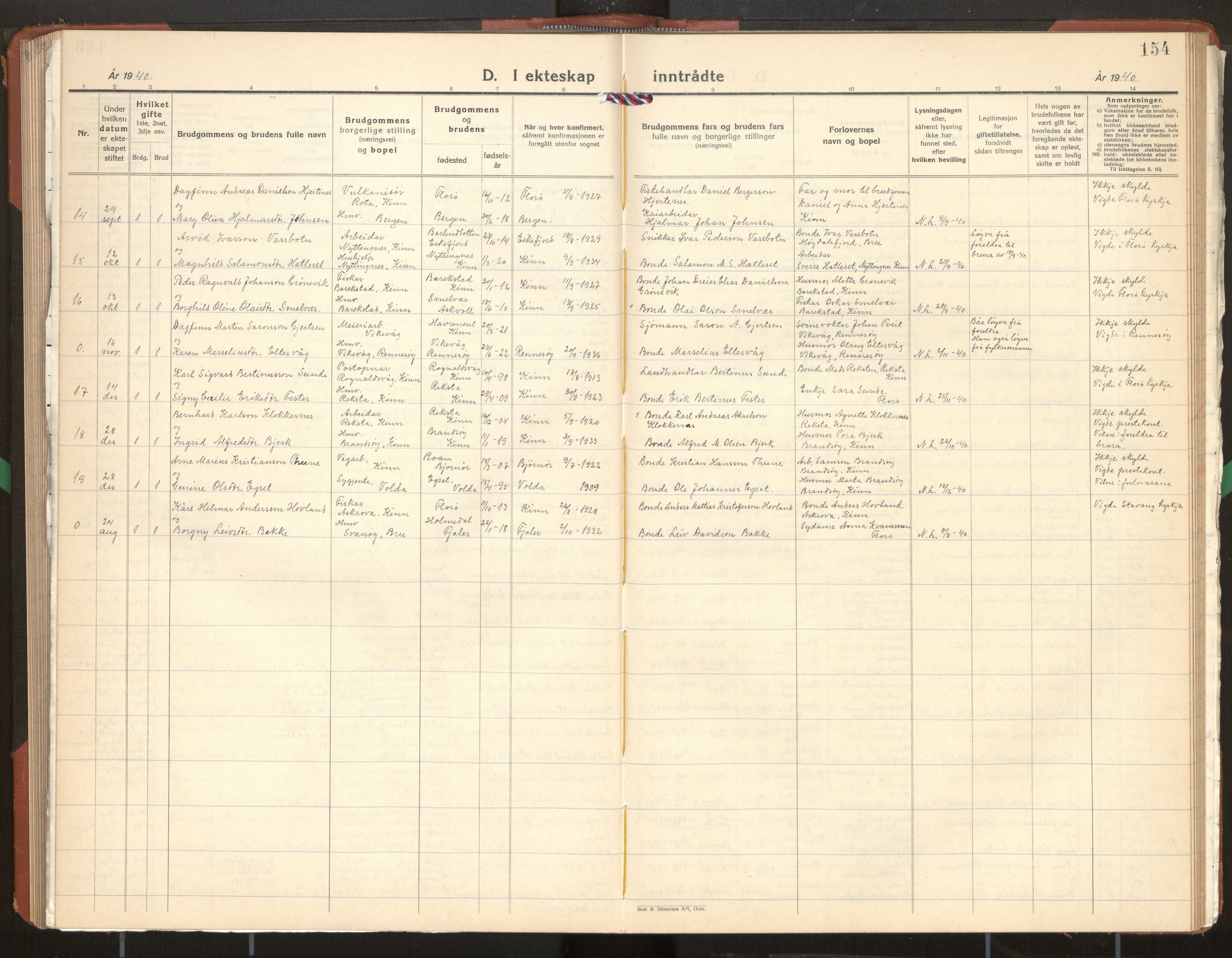 Kinn sokneprestembete, SAB/A-80801/H/Hab/Haba/L0003: Parish register (copy) no. A 3, 1939-1960, p. 154