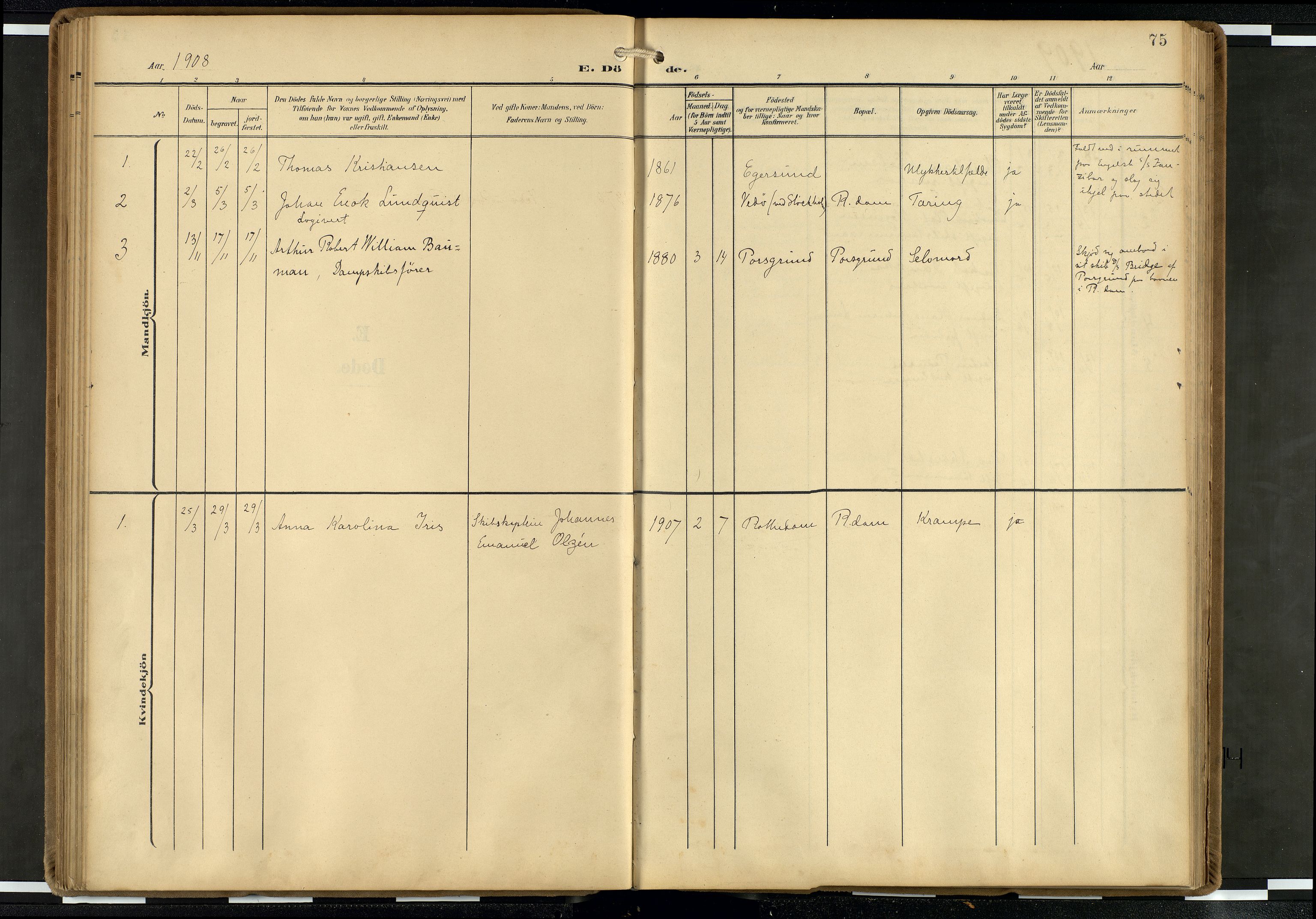 Den norske sjømannsmisjon i utlandet/Hollandske havner (Amsterdam-Rotterdam-Europort), AV/SAB-SAB/PA-0106/H/Ha/Haa/L0003: Parish register (official) no. A 3, 1908-1927, p. 74b-75a