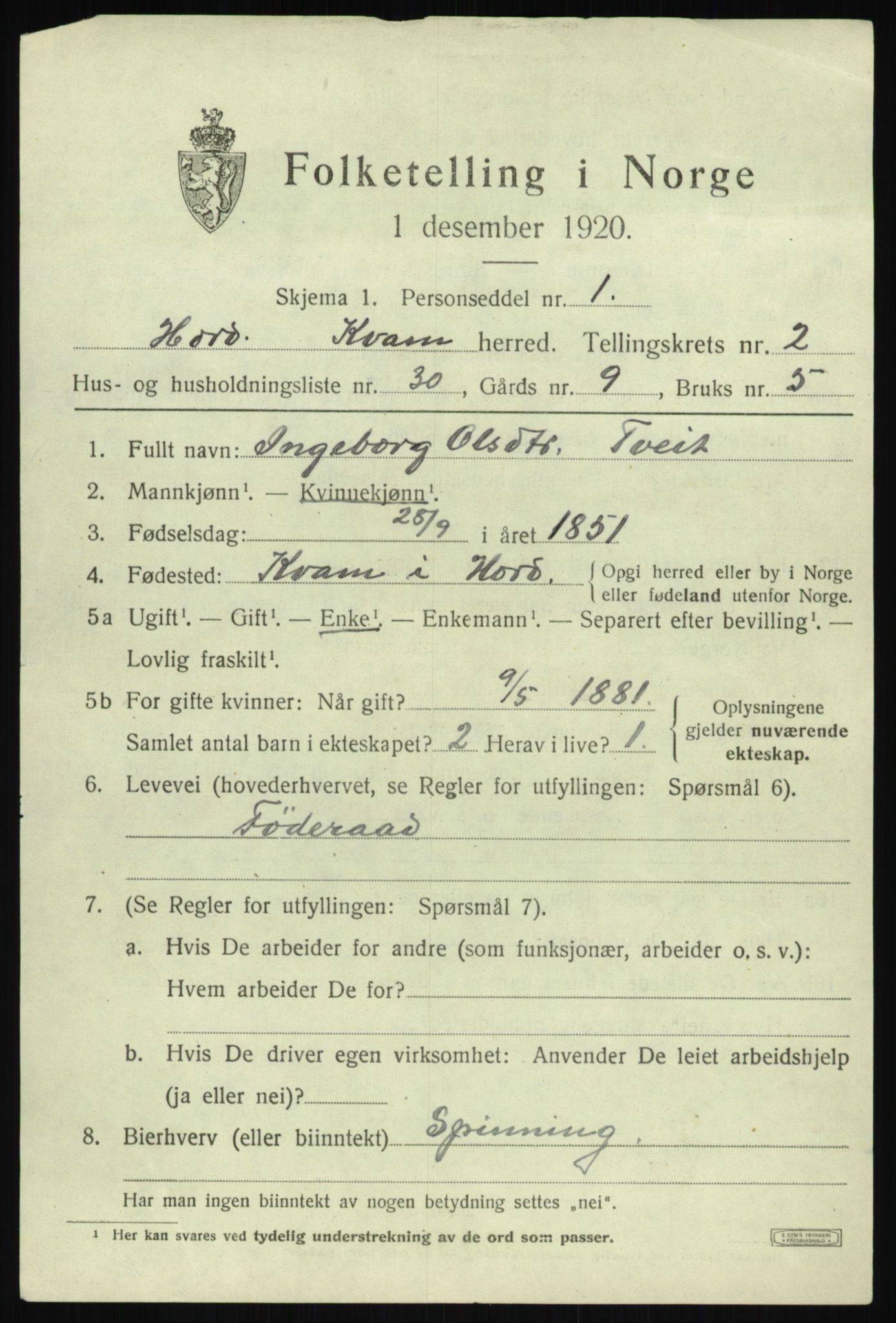 SAB, 1920 census for Kvam, 1920, p. 2515