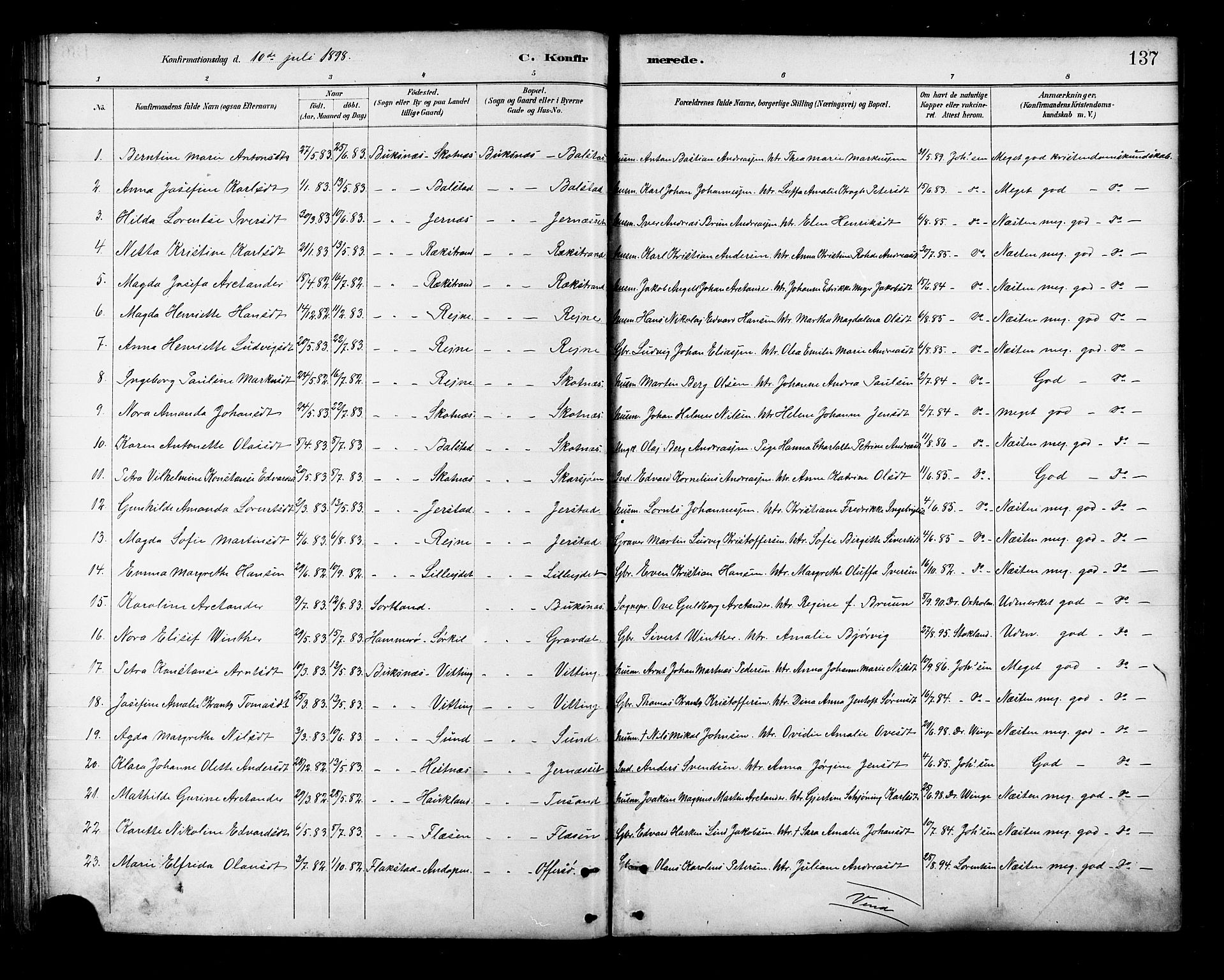 Ministerialprotokoller, klokkerbøker og fødselsregistre - Nordland, AV/SAT-A-1459/881/L1167: Parish register (copy) no. 881C04, 1886-1899, p. 137