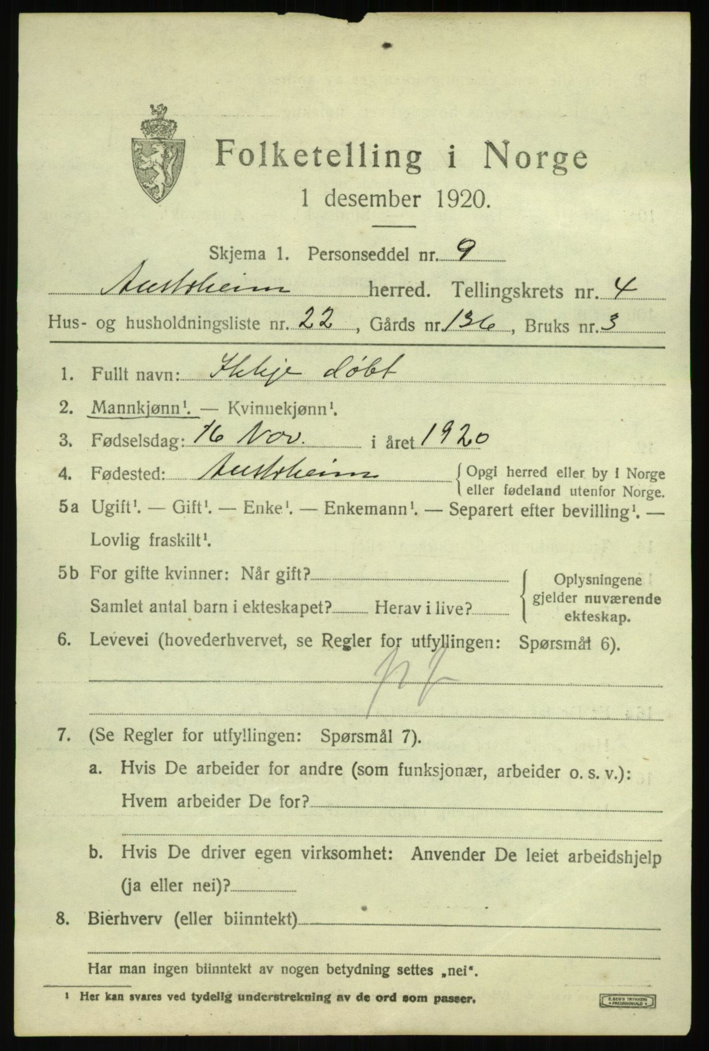 SAB, 1920 census for Austrheim, 1920, p. 2046