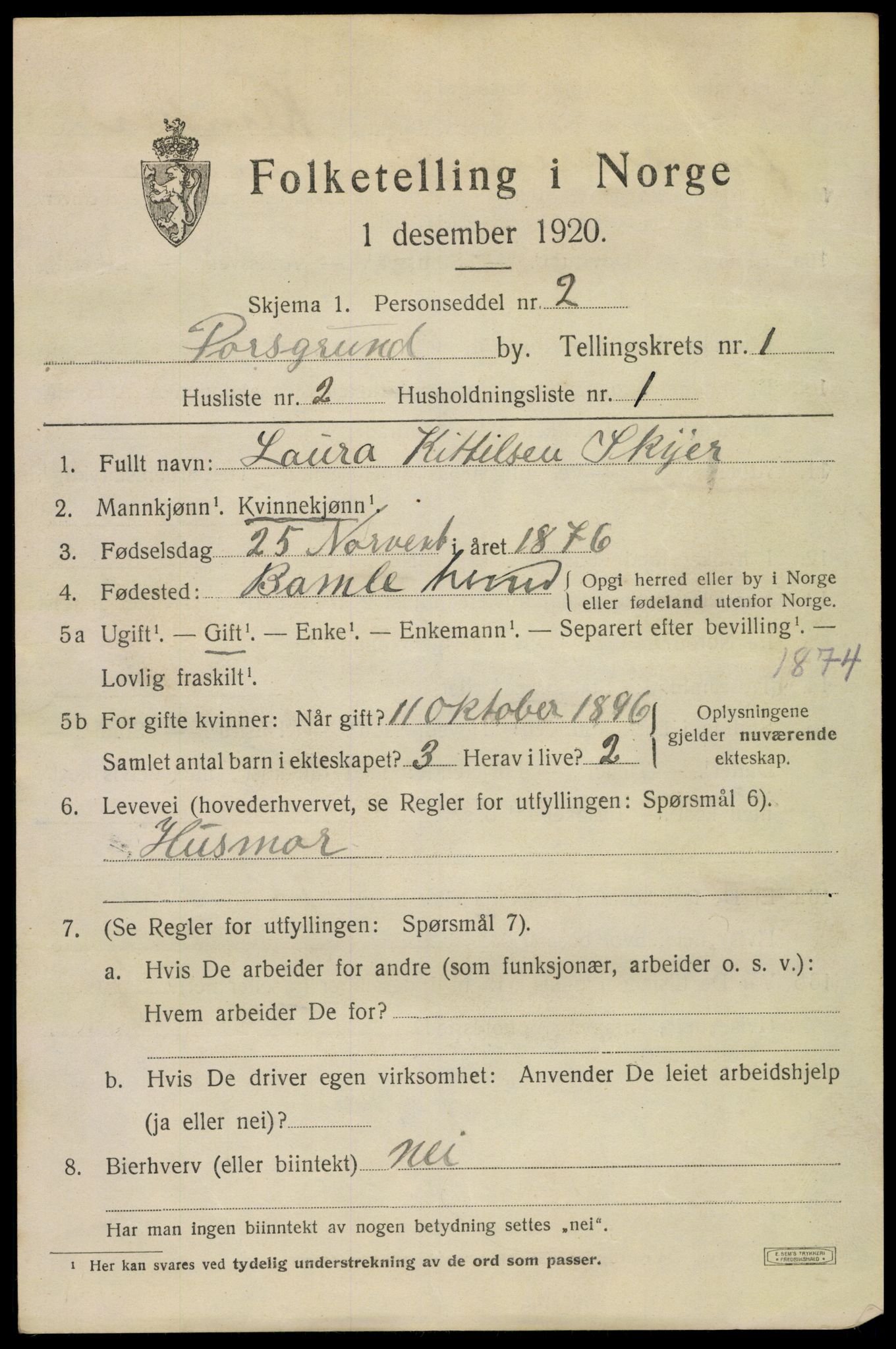 SAKO, 1920 census for Porsgrunn, 1920, p. 7119