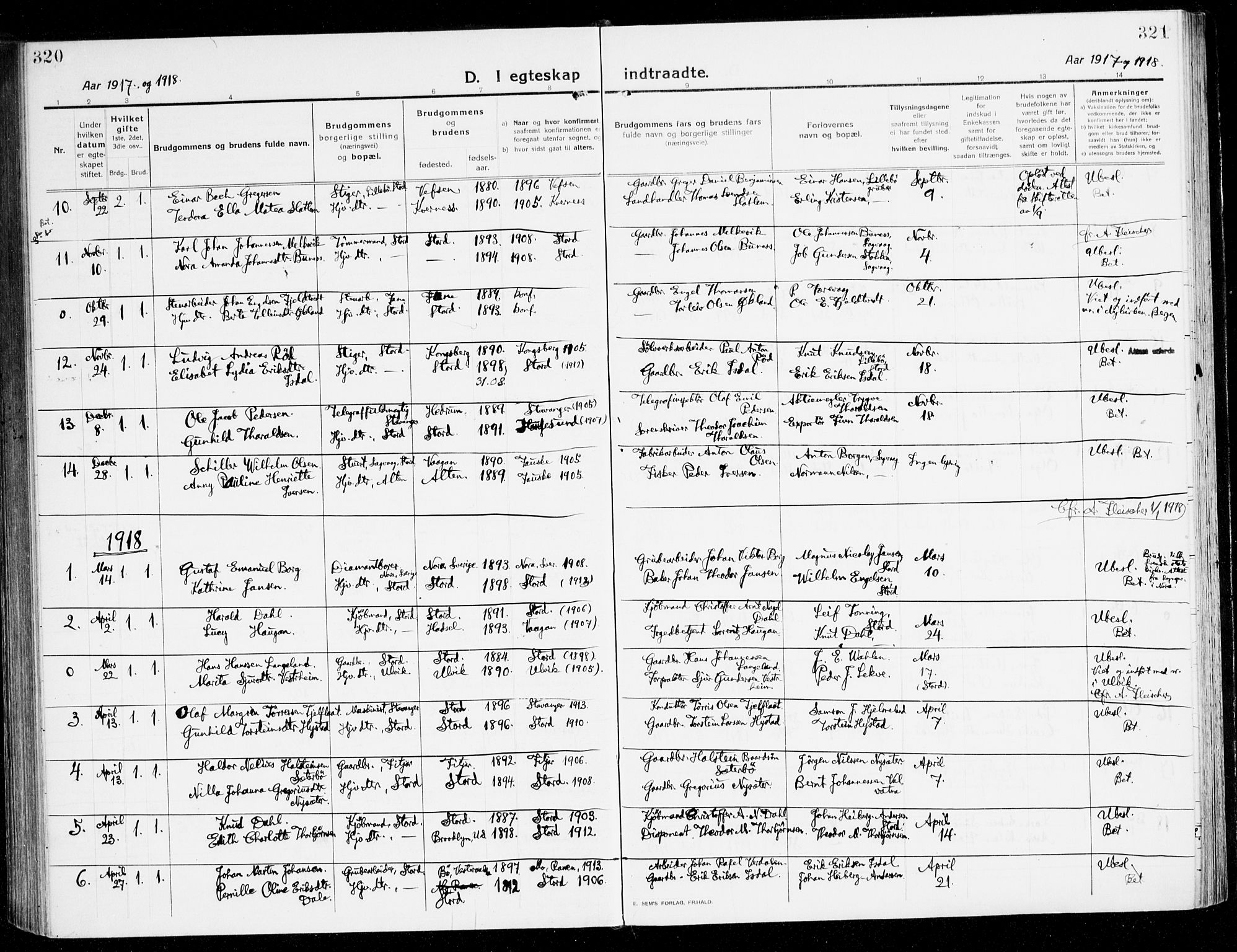 Stord sokneprestembete, SAB/A-78201/H/Haa: Parish register (official) no. B 3, 1913-1925, p. 320-321