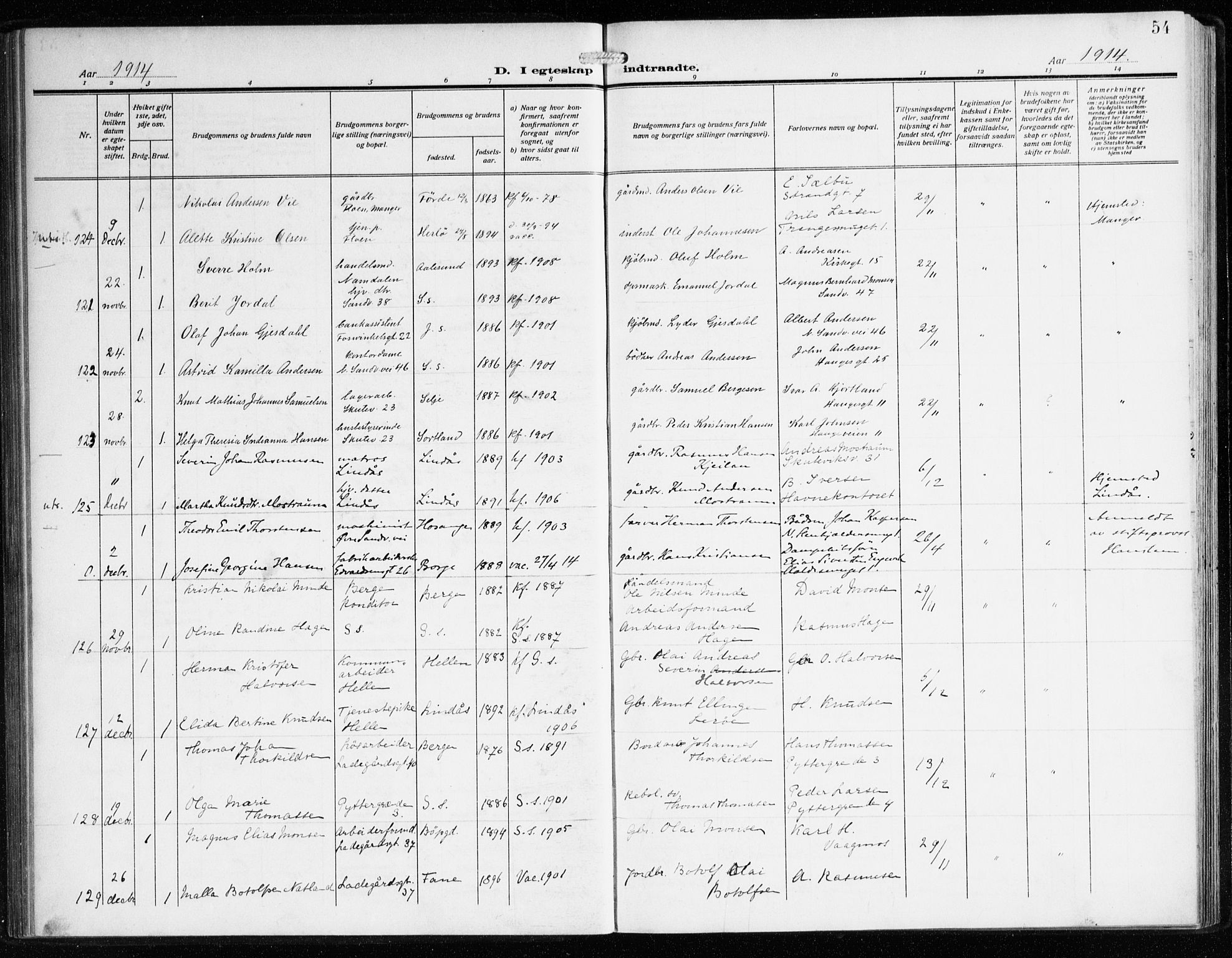 Sandviken Sokneprestembete, AV/SAB-A-77601/H/Ha/L0015: Parish register (official) no. D 2, 1911-1923, p. 54