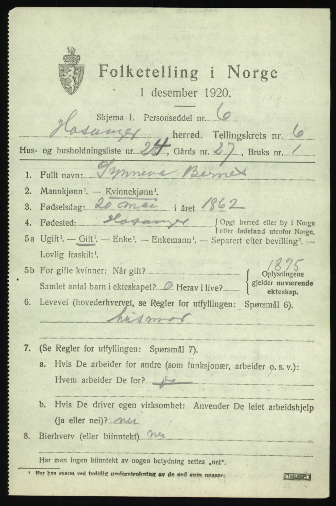 SAB, 1920 census for Hosanger, 1920, p. 2965