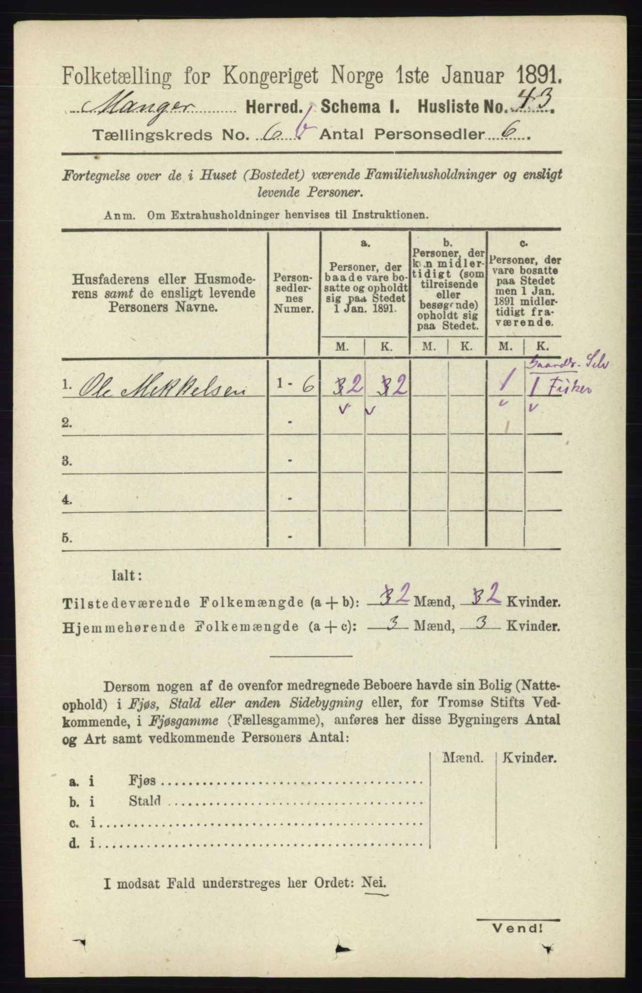 RA, 1891 census for 1261 Manger, 1891, p. 3987