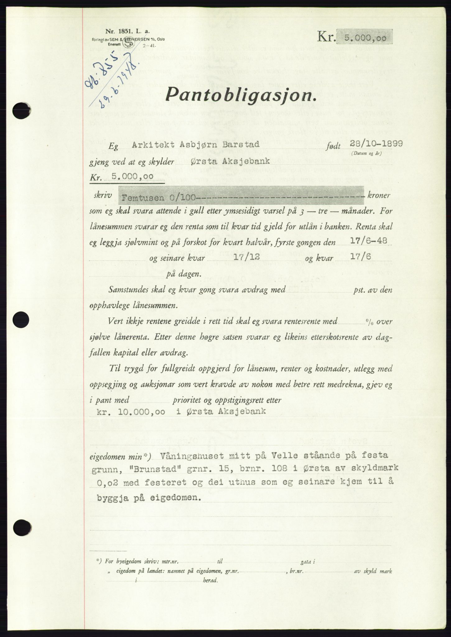 Søre Sunnmøre sorenskriveri, AV/SAT-A-4122/1/2/2C/L0116: Mortgage book no. 4B, 1948-1949, Diary no: : 855/1948