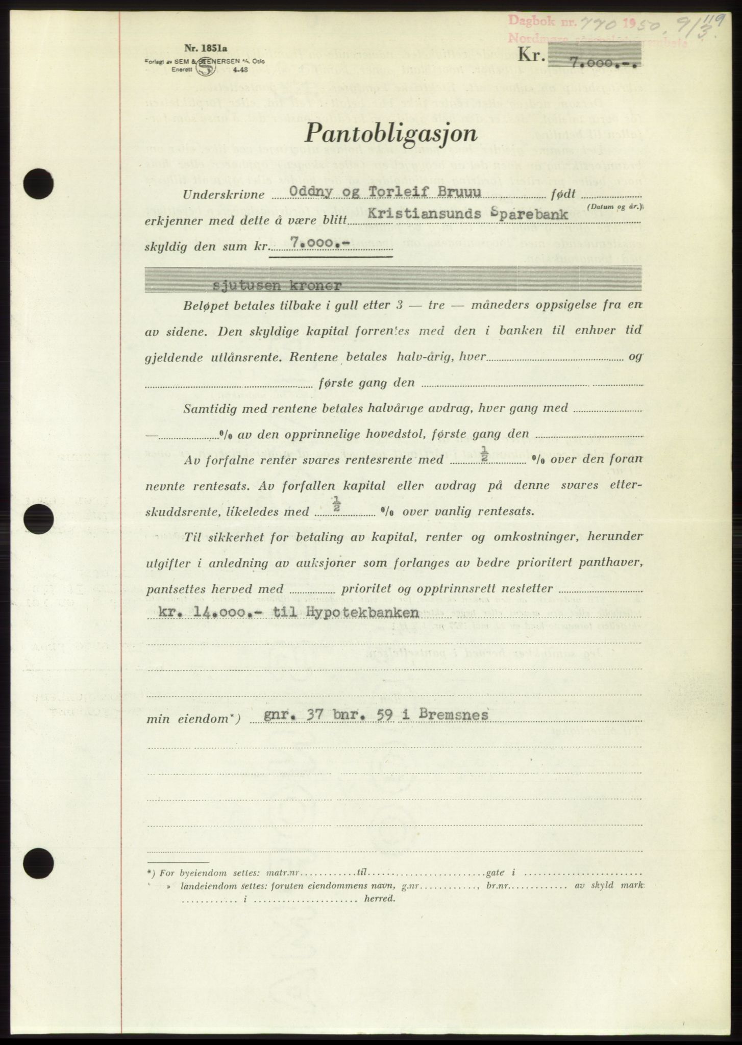 Nordmøre sorenskriveri, AV/SAT-A-4132/1/2/2Ca: Mortgage book no. B104, 1950-1950, Diary no: : 770/1950