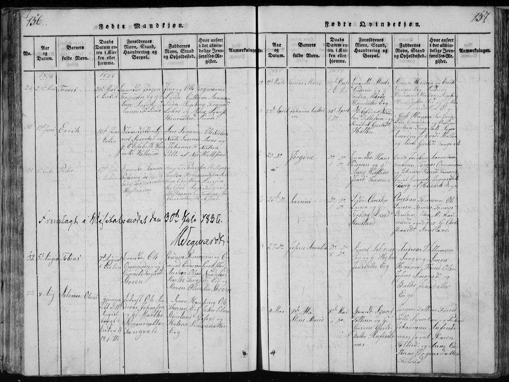 Søgne sokneprestkontor, SAK/1111-0037/F/Fb/Fbb/L0002: Parish register (copy) no. B 2, 1821-1838, p. 156-157