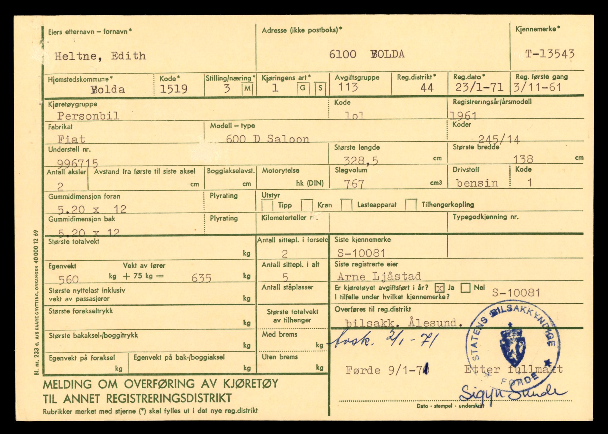 Møre og Romsdal vegkontor - Ålesund trafikkstasjon, AV/SAT-A-4099/F/Fe/L0040: Registreringskort for kjøretøy T 13531 - T 13709, 1927-1998, p. 278