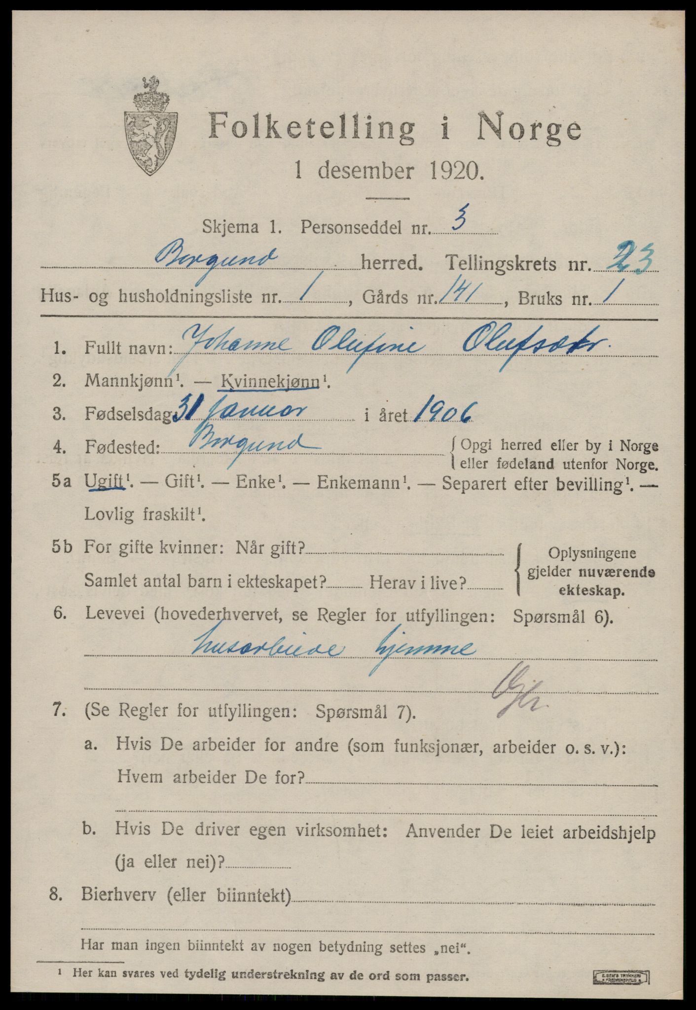 SAT, 1920 census for Borgund, 1920, p. 16338