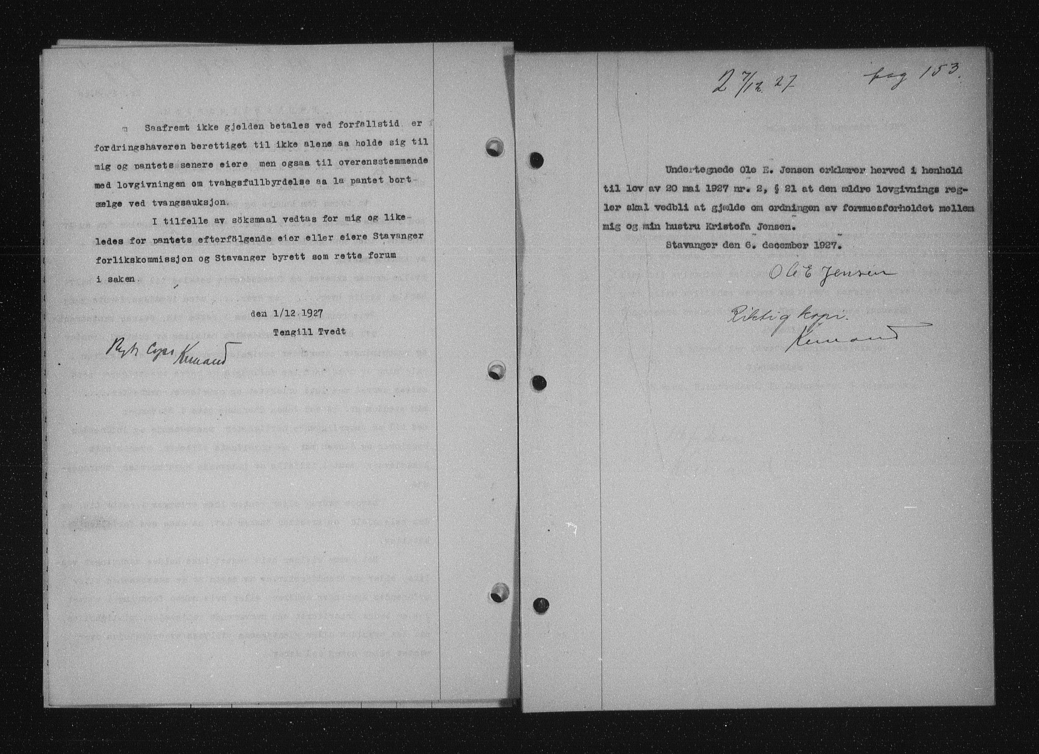 Stavanger byfogd, AV/SAST-A-101408/001/4/41/410/410BB/L0053: Mortgage book no. 41, 1927-1928, Deed date: 07.12.1927