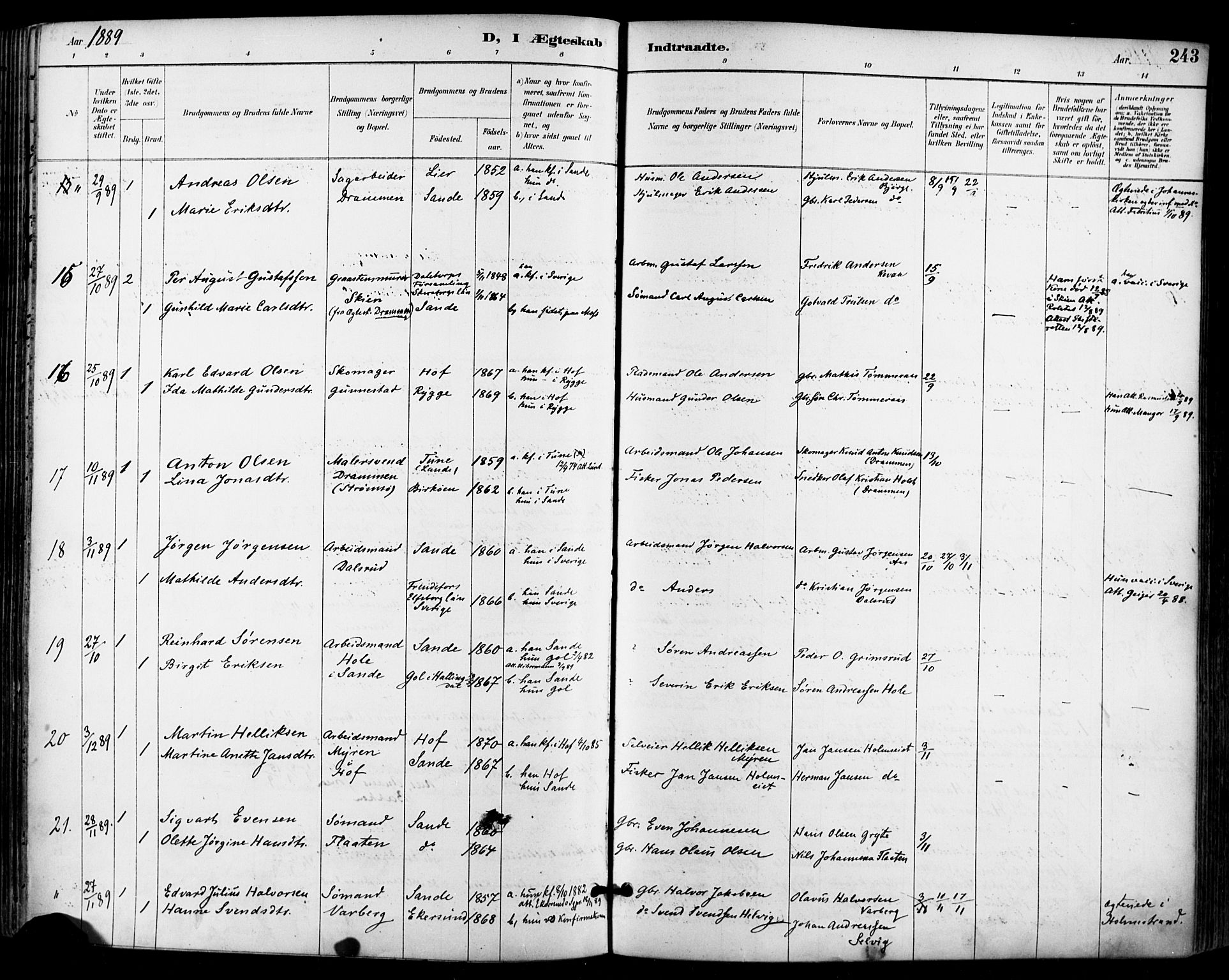 Sande Kirkebøker, AV/SAKO-A-53/F/Fa/L0007: Parish register (official) no. 7, 1888-1903, p. 243